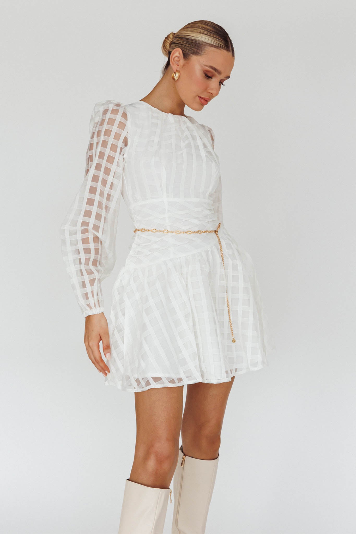 Tatiana Long Sleeve Plaid Mini Dress White-Maymioy
