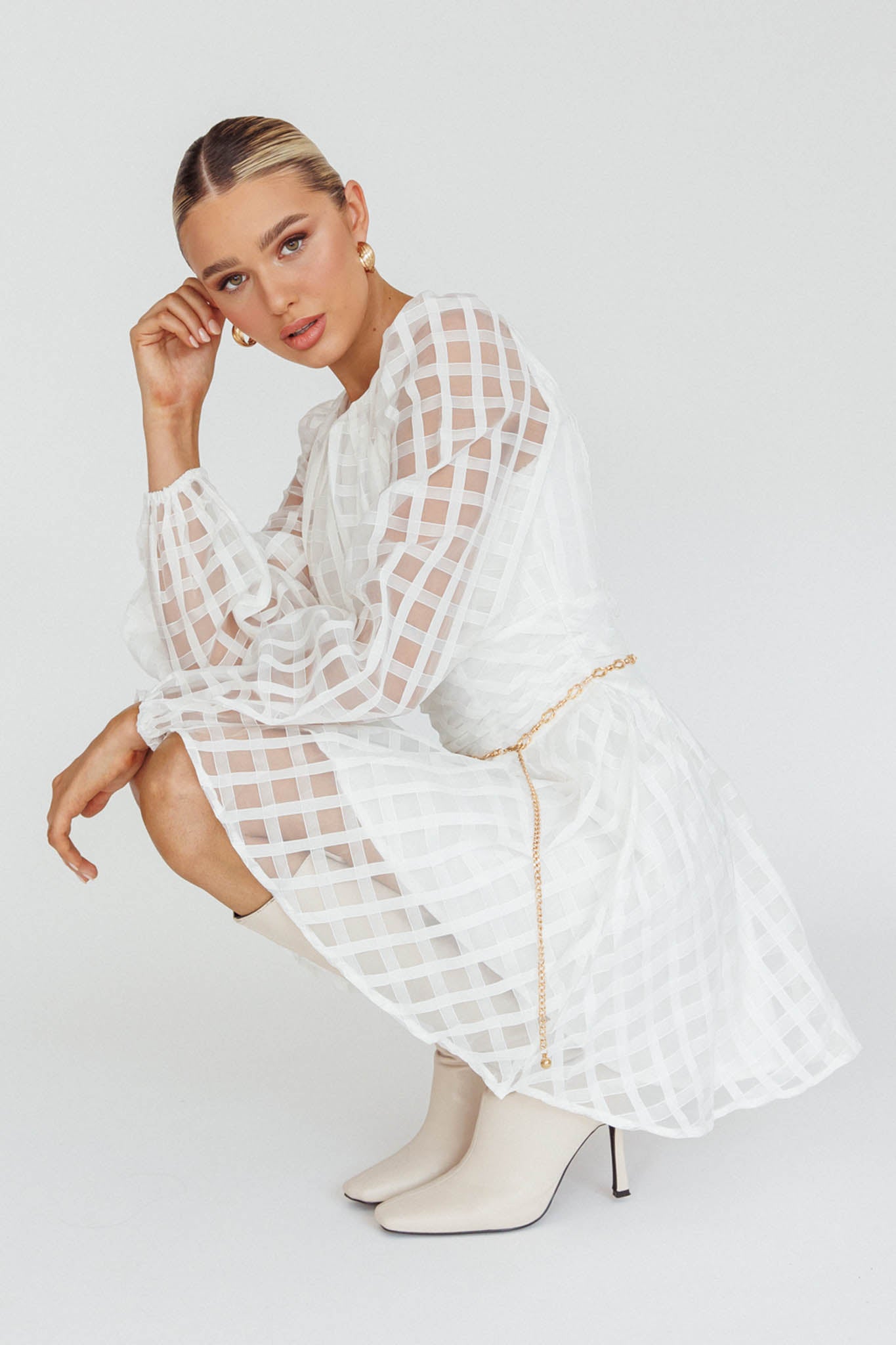 Tatiana Long Sleeve Plaid Mini Dress White-Maymioy