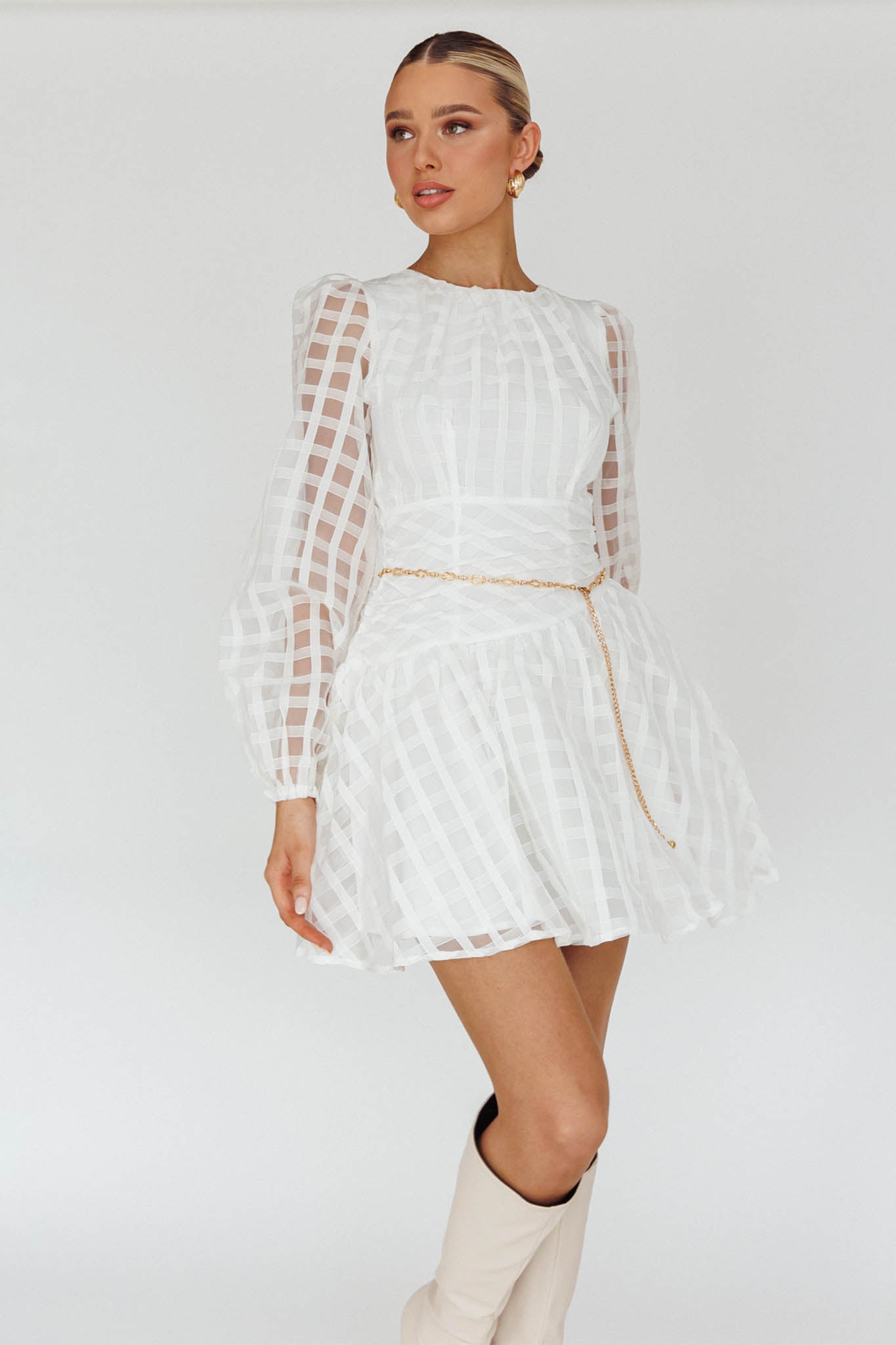 Tatiana Long Sleeve Plaid Mini Dress White-Maymioy