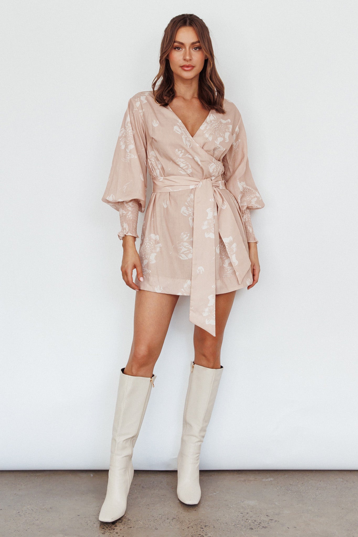 New Wave Long Sleeve Wrap Dress Sand-Maymioy