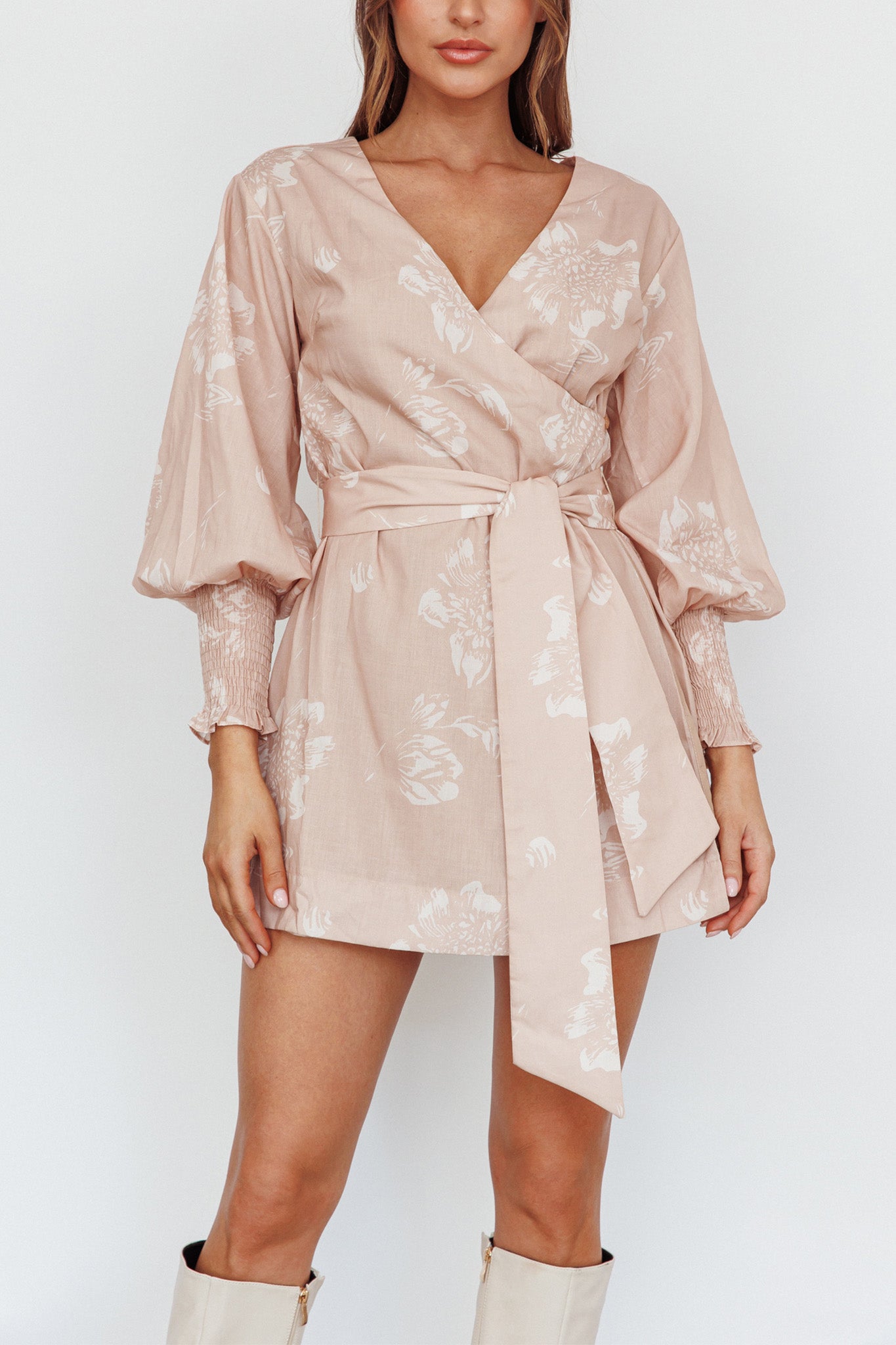 New Wave Long Sleeve Wrap Dress Sand-Maymioy