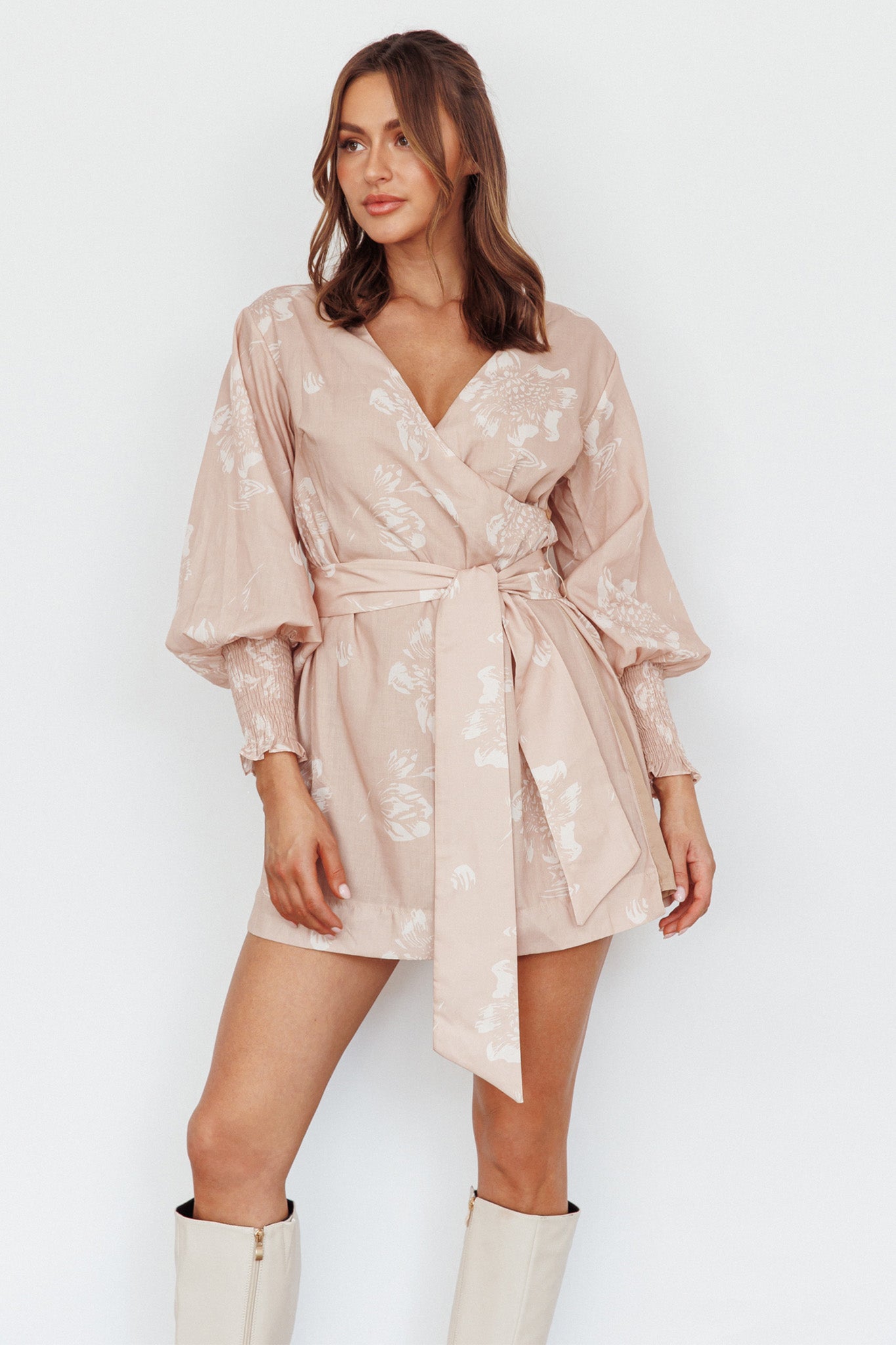 New Wave Long Sleeve Wrap Dress Sand-Maymioy