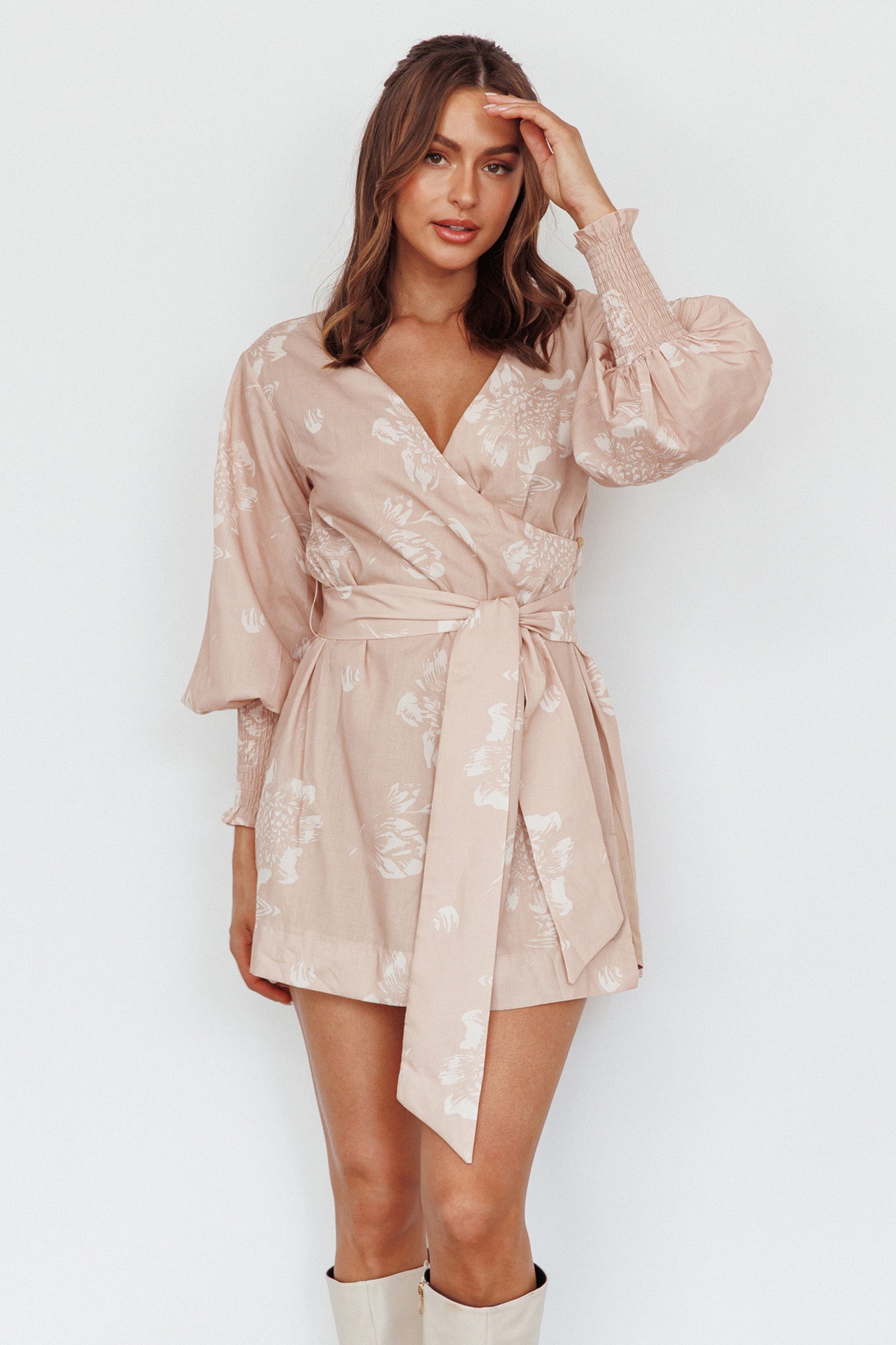 New Wave Long Sleeve Wrap Dress Sand-Maymioy