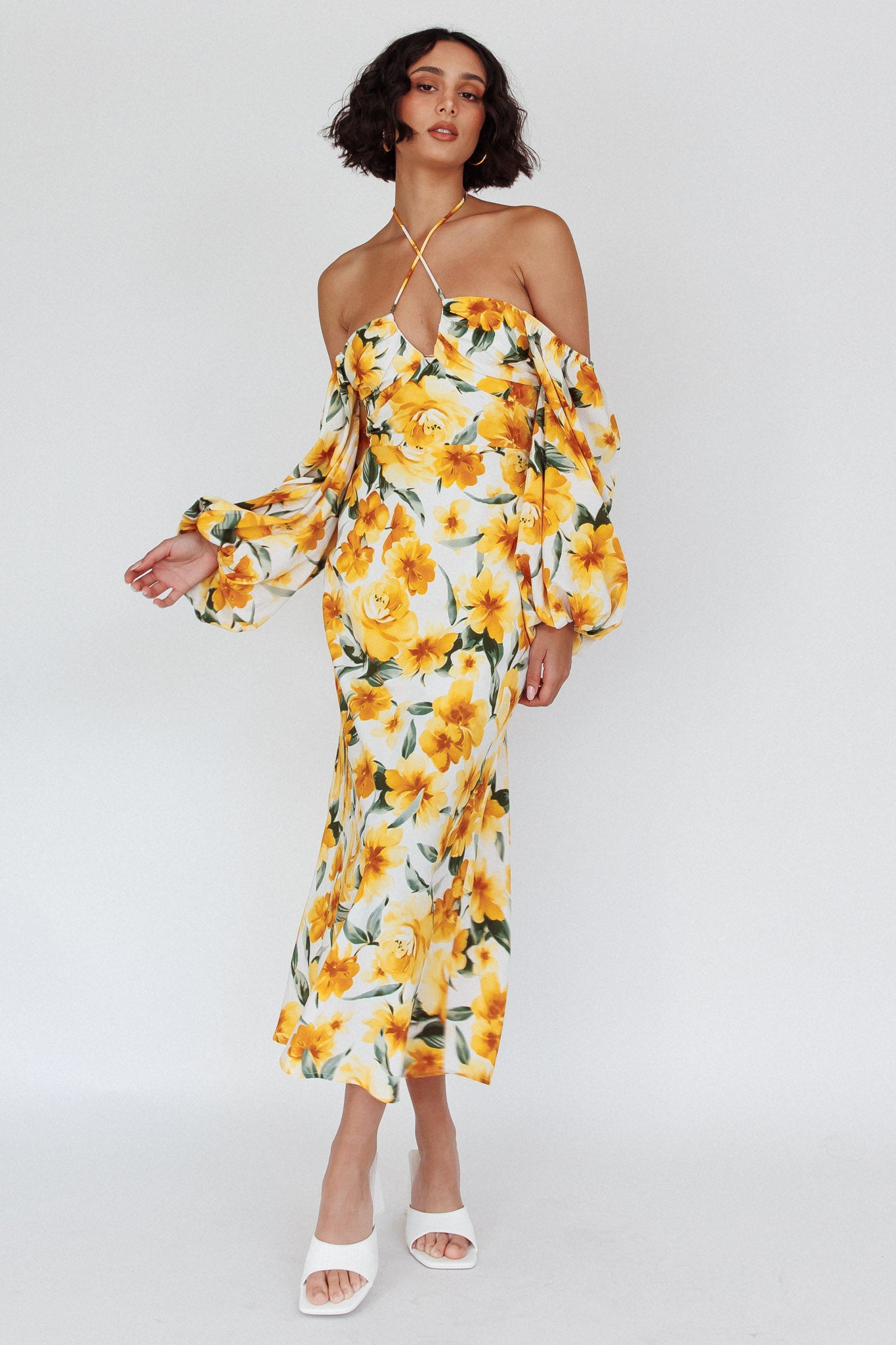 Nyree Long Sleeve Midi Dress Flowers Yellow-Maymioy