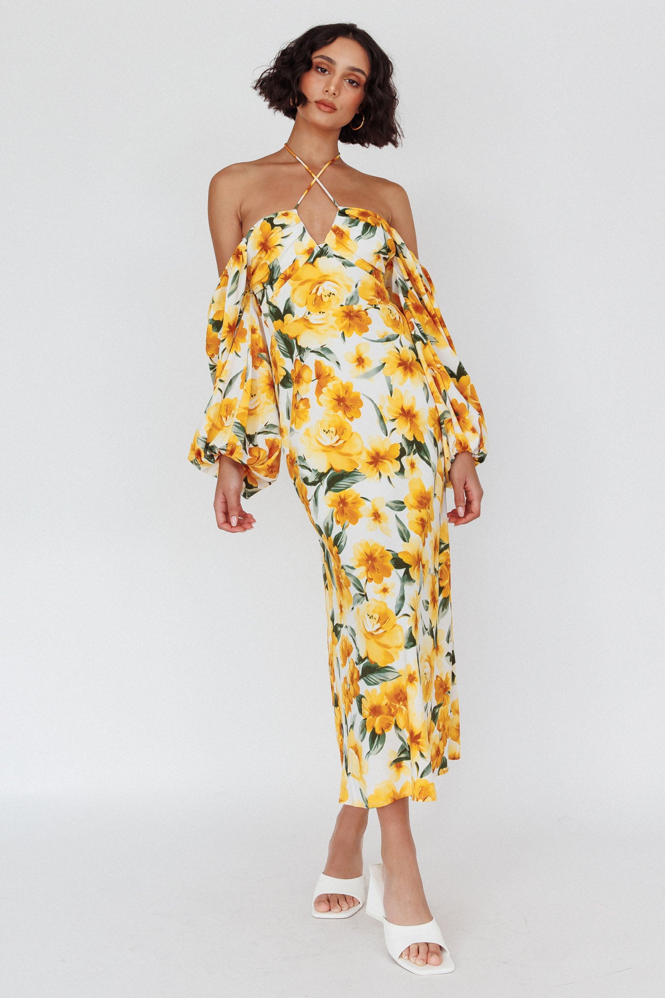 Nyree Long Sleeve Midi Dress Flowers Yellow-Maymioy