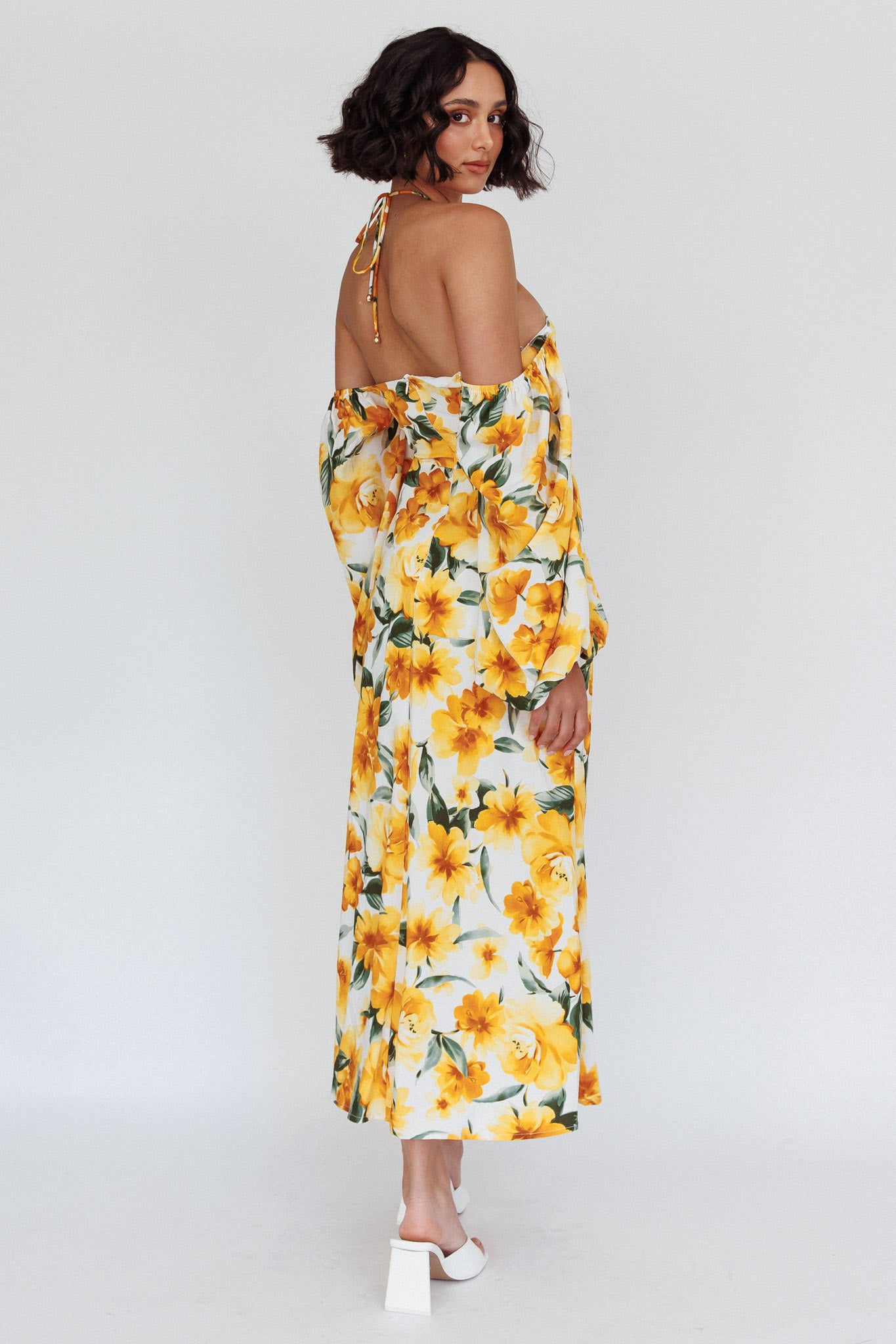 Nyree Long Sleeve Midi Dress Flowers Yellow-Maymioy