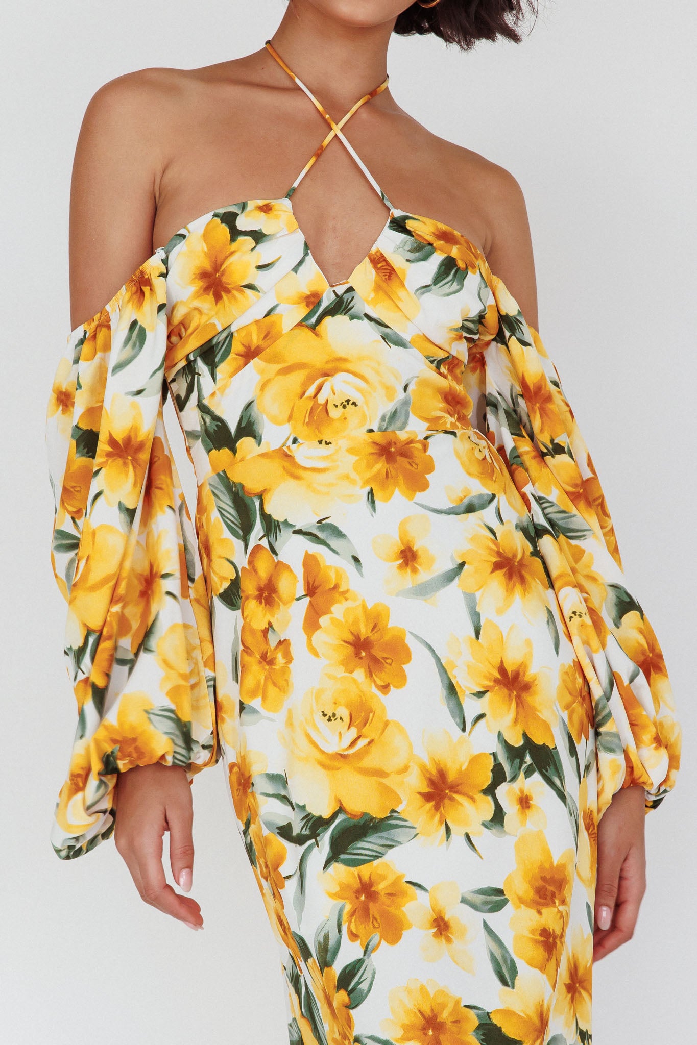 Nyree Long Sleeve Midi Dress Flowers Yellow-Maymioy
