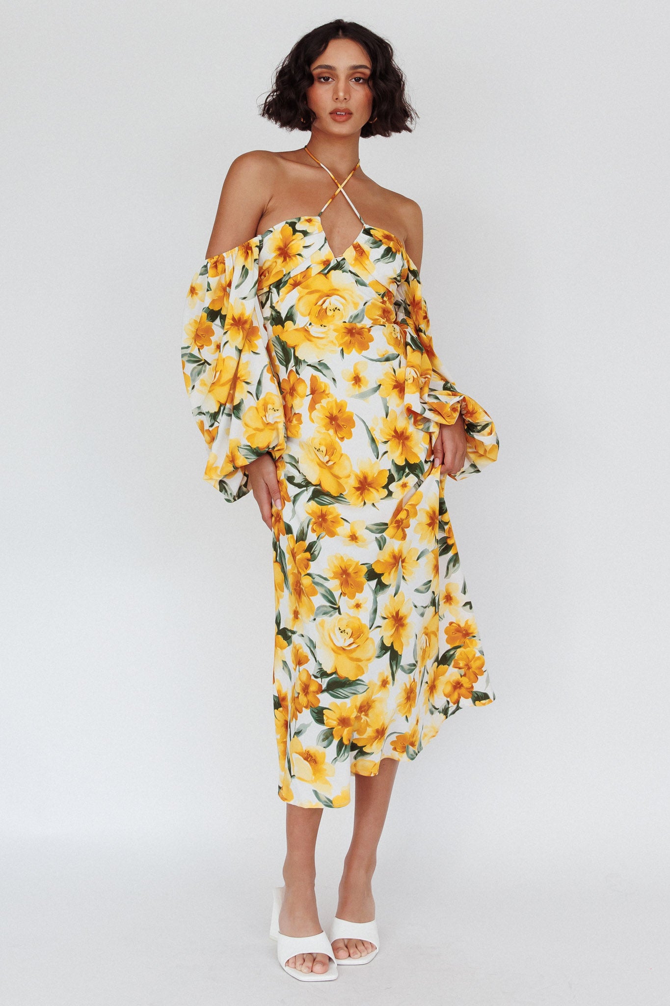 Nyree Long Sleeve Midi Dress Flowers Yellow-Maymioy