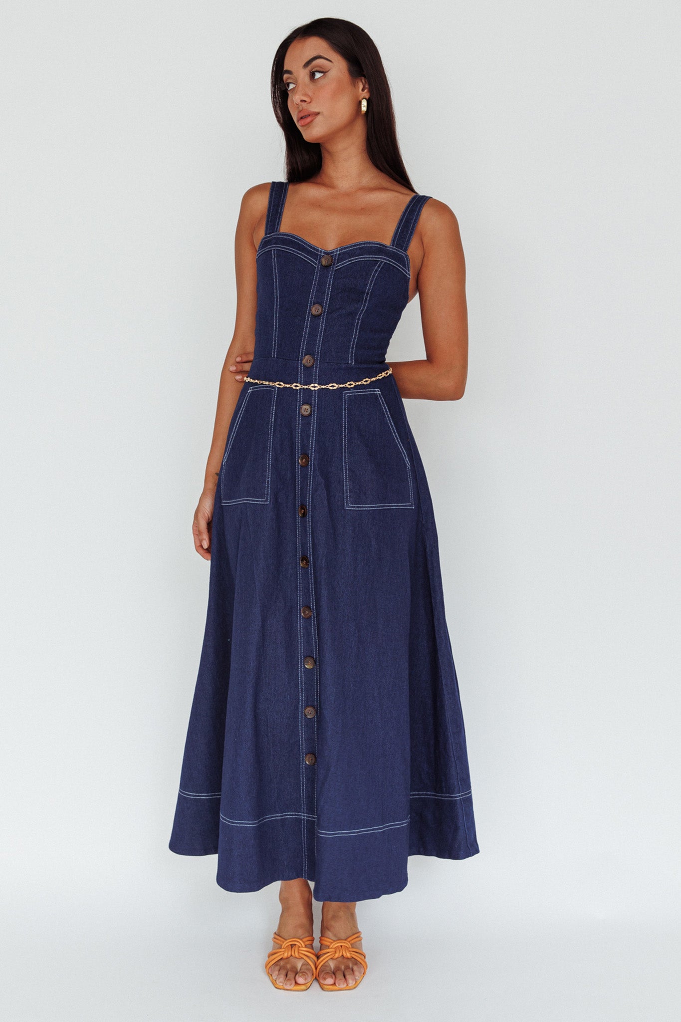 Laureen Pocket Maxi Dress Denim Indigo-Maymioy