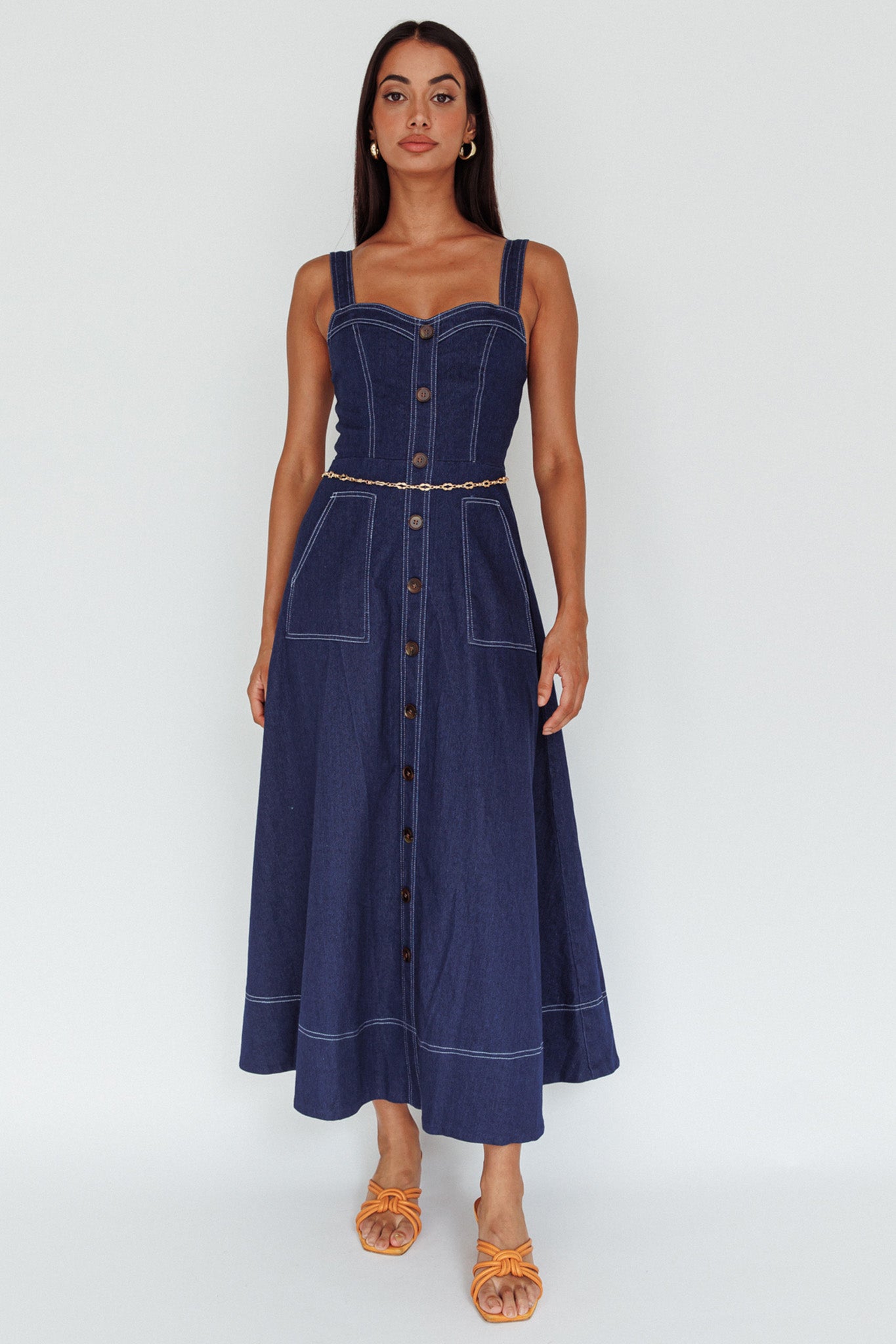 Laureen Pocket Maxi Dress Denim Indigo-Maymioy