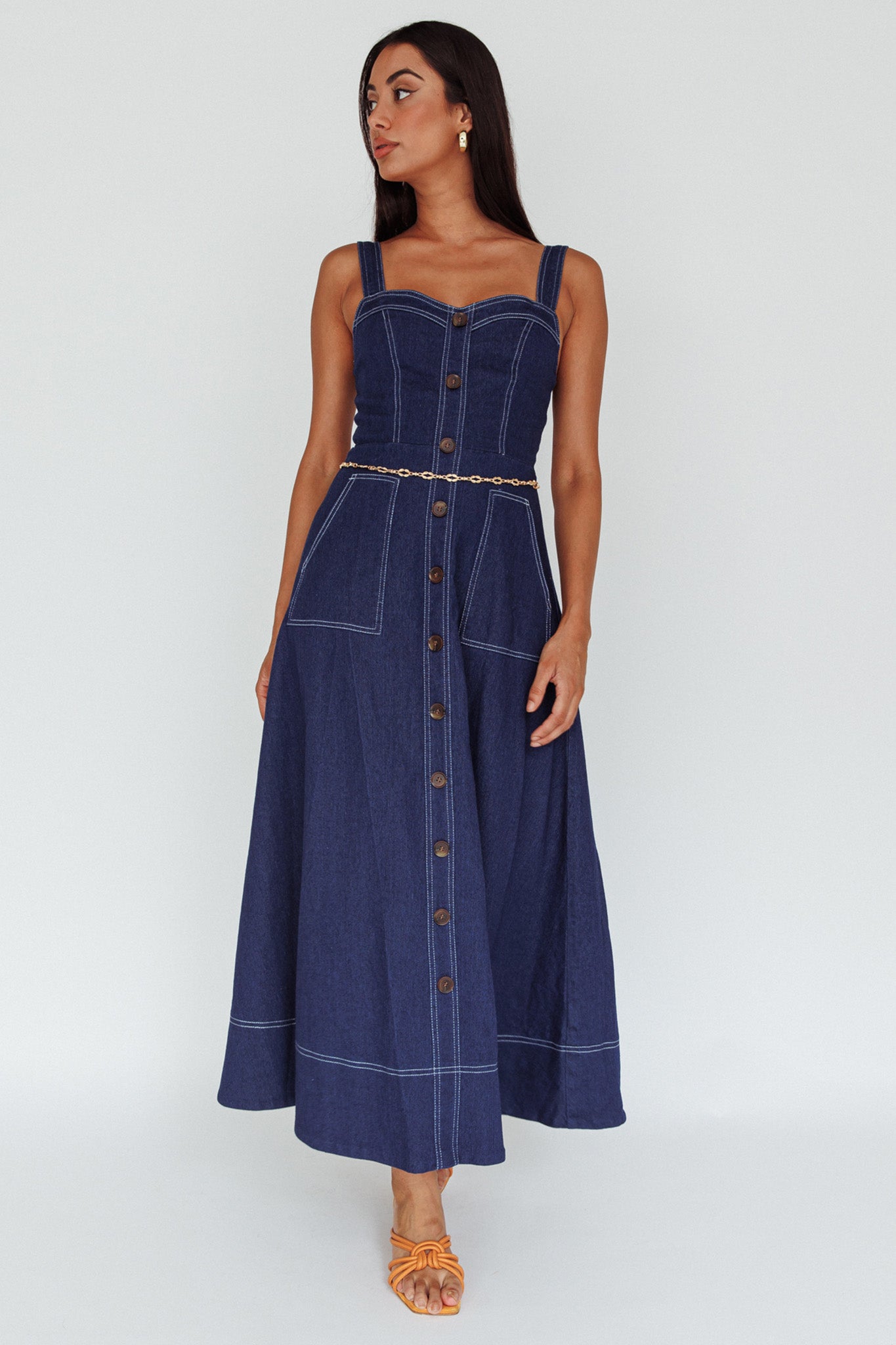 Laureen Pocket Maxi Dress Denim Indigo-Maymioy