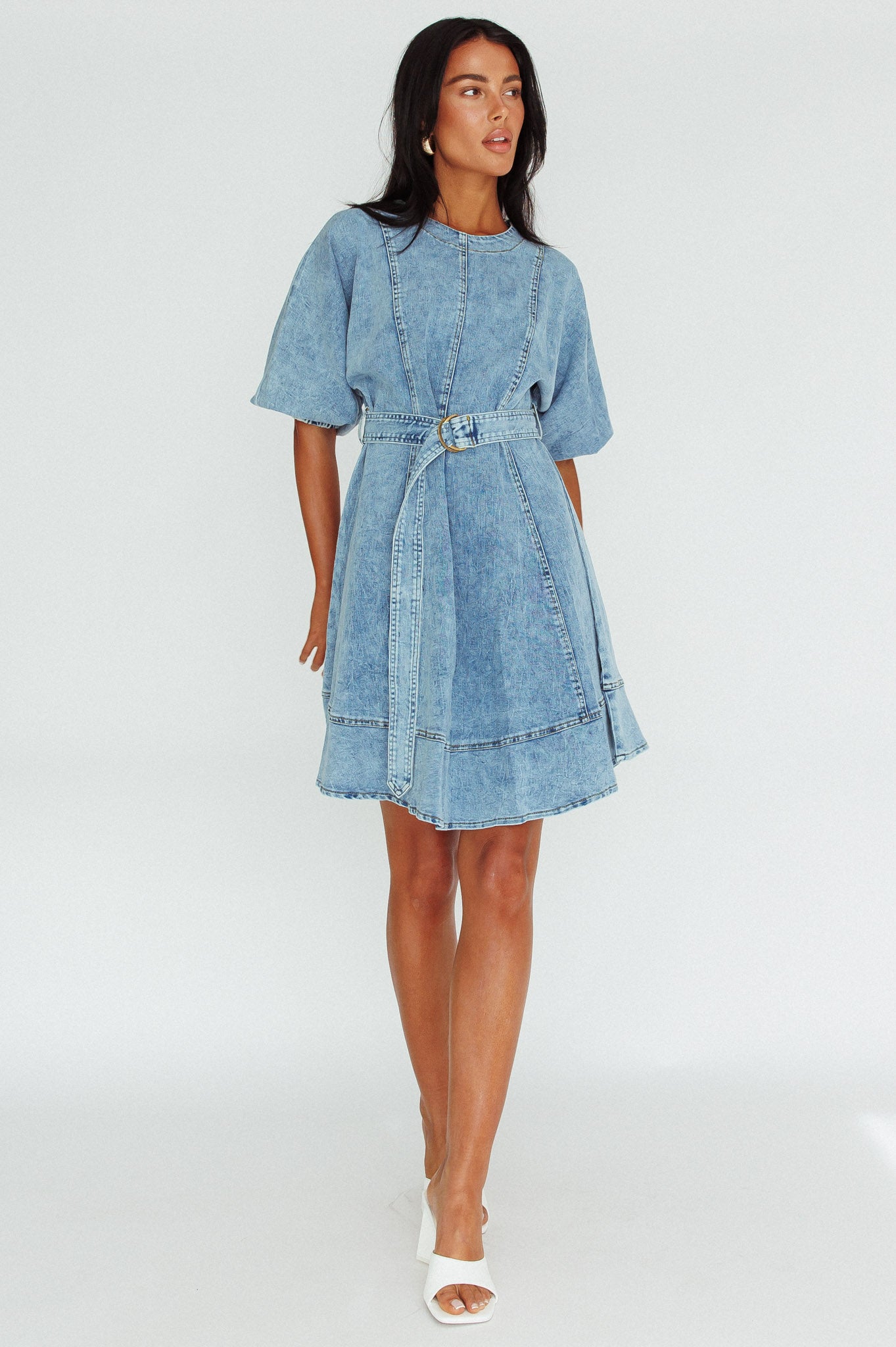 Cadijah Puff Sleeve Belted Mini Dress Denim Blue-Maymioy