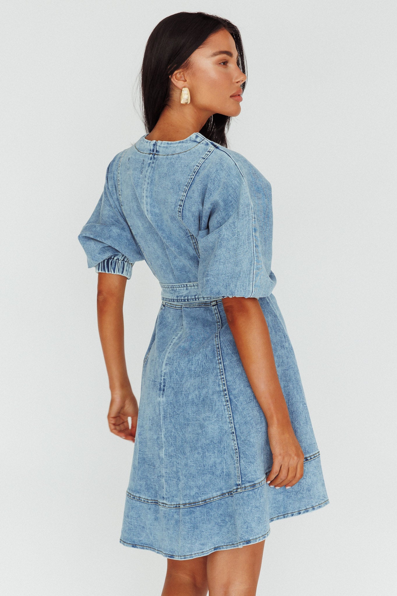 Cadijah Puff Sleeve Belted Mini Dress Denim Blue-Maymioy