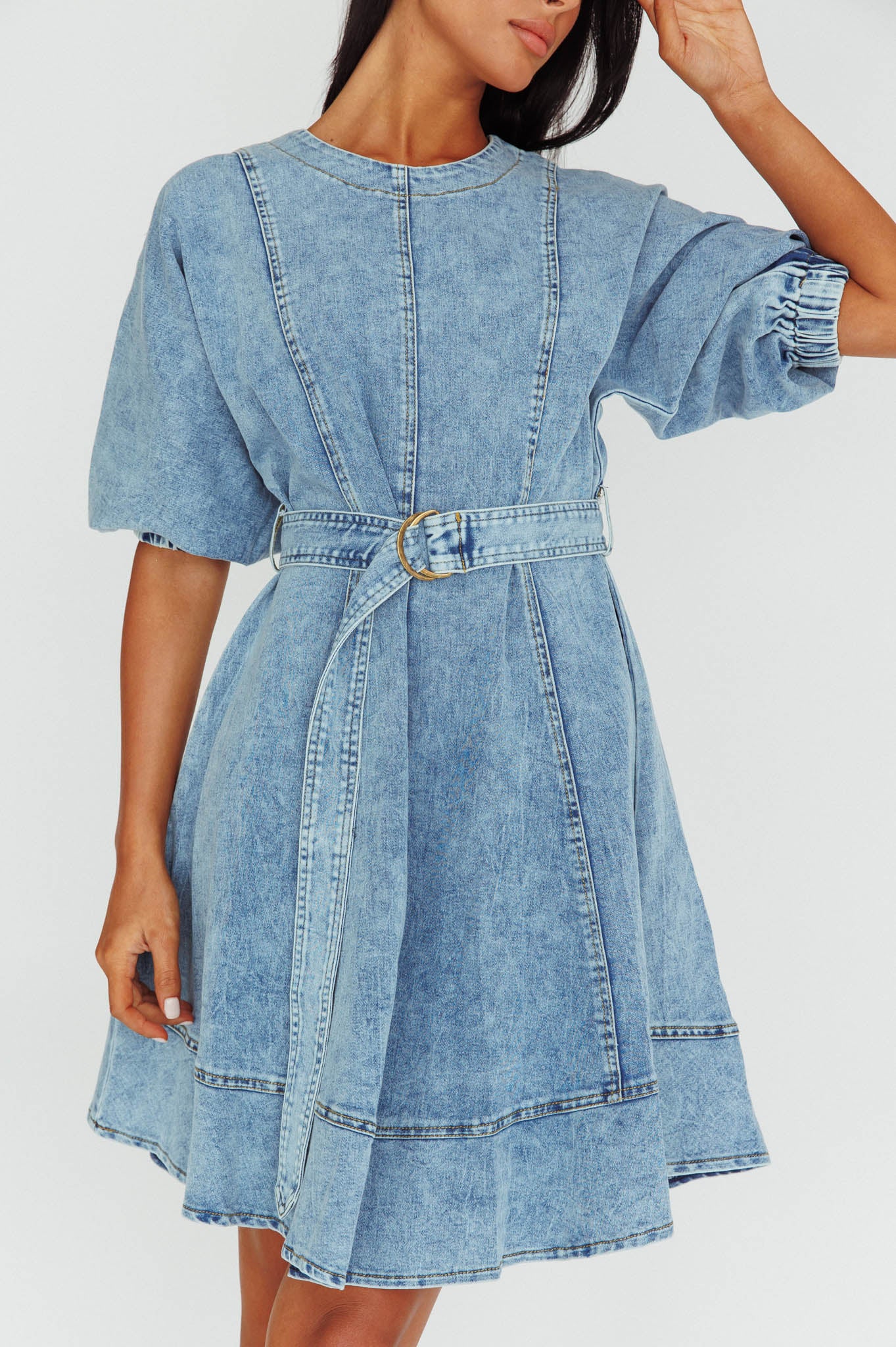 Cadijah Puff Sleeve Belted Mini Dress Denim Blue-Maymioy
