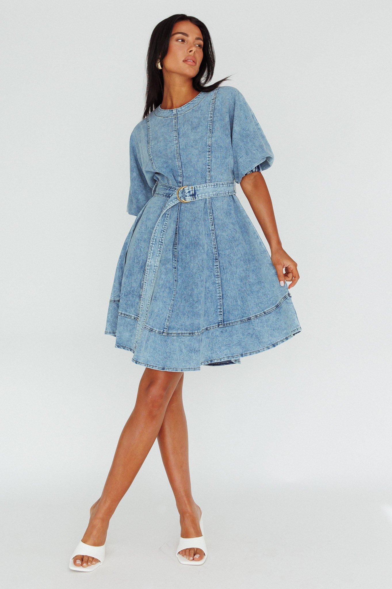 Cadijah Puff Sleeve Belted Mini Dress Denim Blue-Maymioy