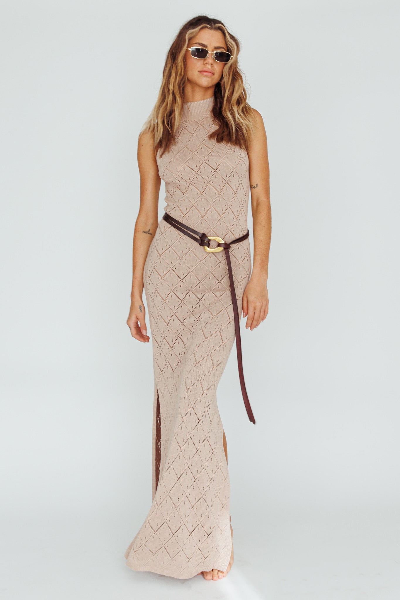 Elisa Sleeveless Crochet Maxi Dress Beige-Maymioy