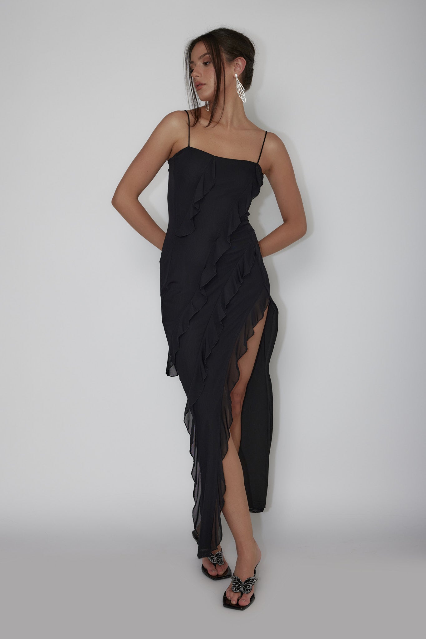 Catriona Split Ruffle Midi Dress Black-Maymioy