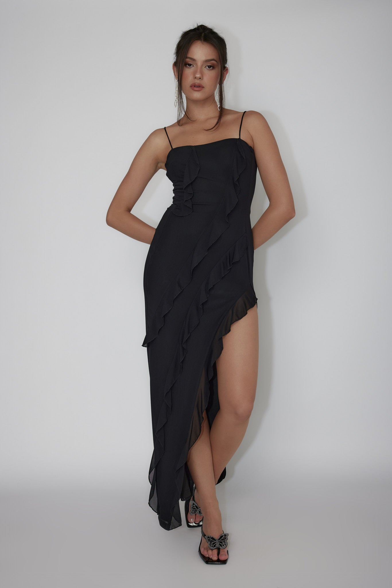 Catriona Split Ruffle Midi Dress Black-Maymioy
