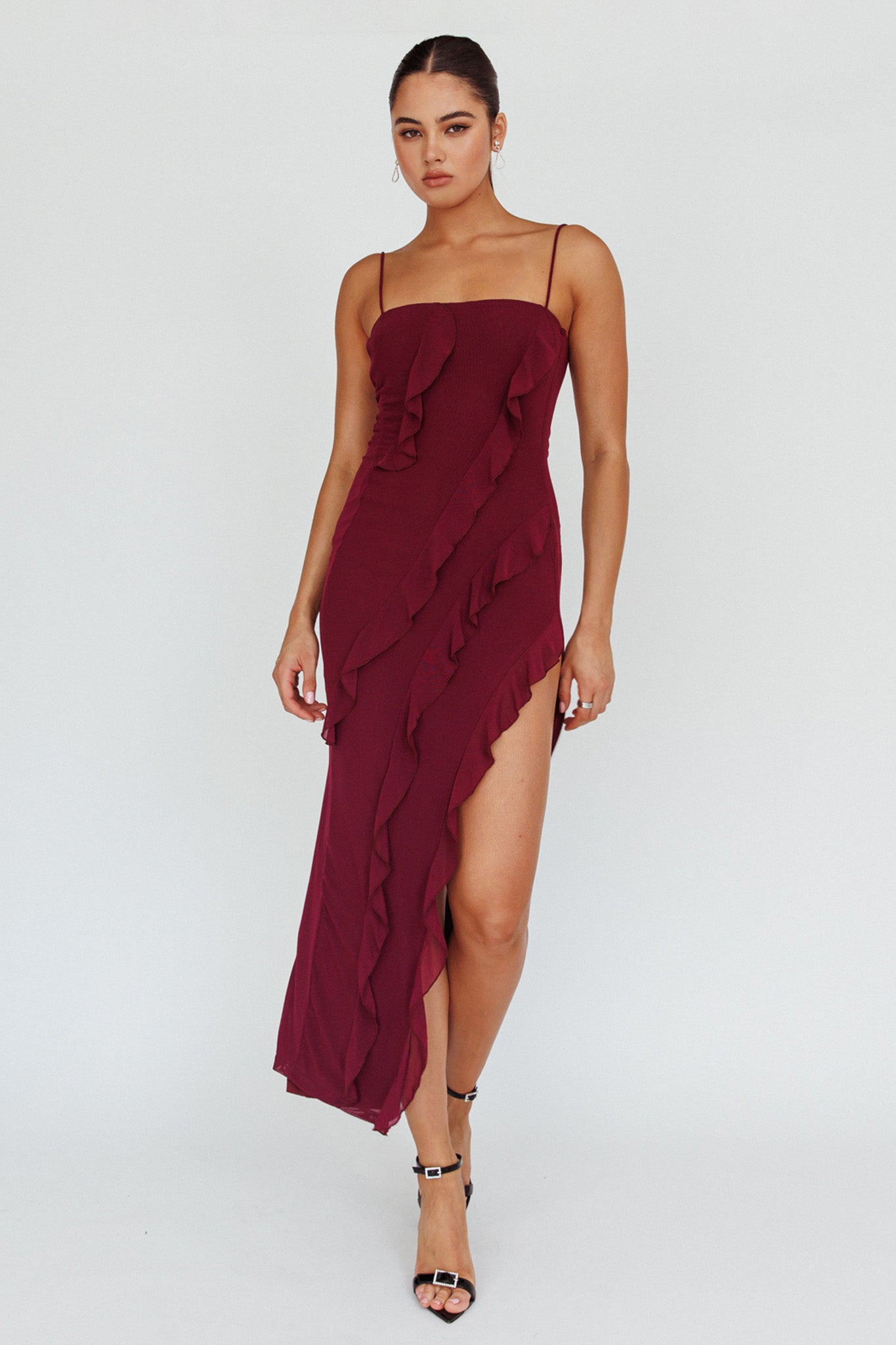 Catriona Split Ruffle Midi Dress Grape-Maymioy