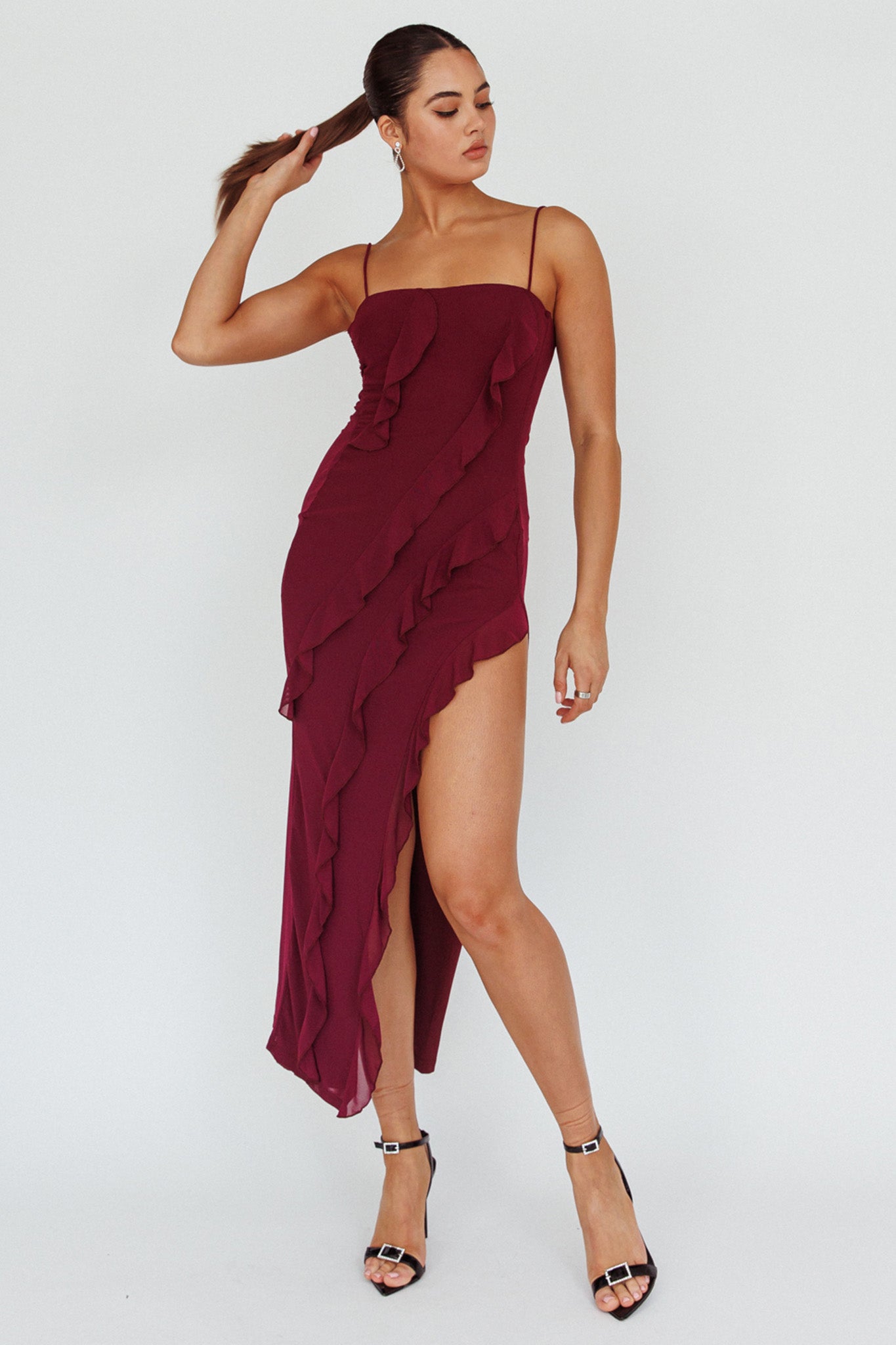 Catriona Split Ruffle Midi Dress Grape-Maymioy