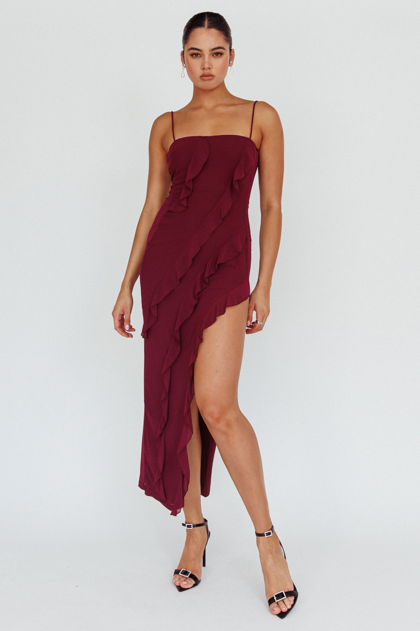 Catriona Split Ruffle Midi Dress Grape-Maymioy
