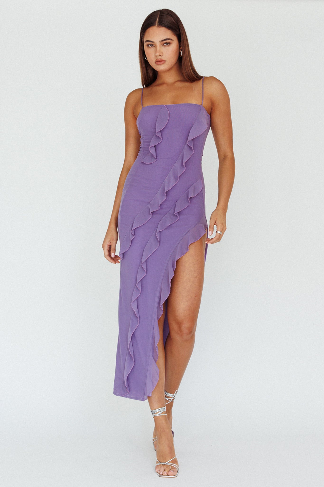 Catriona Split Ruffle Midi Dress Mauve-Maymioy