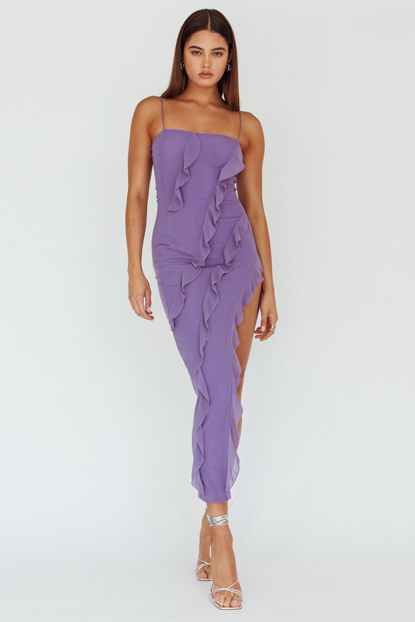 Catriona Split Ruffle Midi Dress Mauve-Maymioy