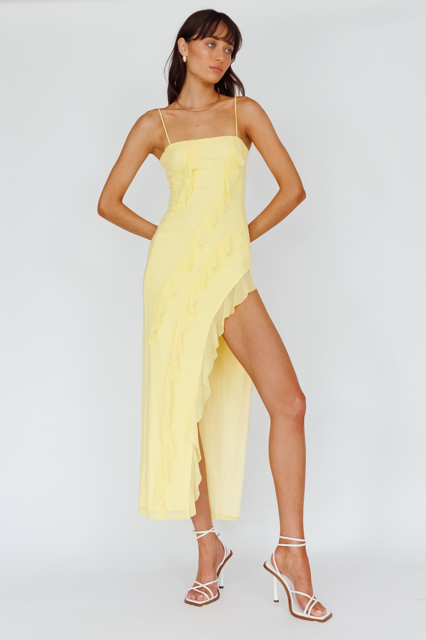 Catriona Split Ruffle Midi Dress Lemon-Maymioy