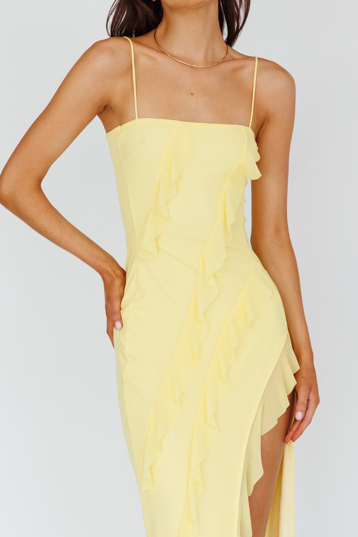 Catriona Split Ruffle Midi Dress Lemon-Maymioy