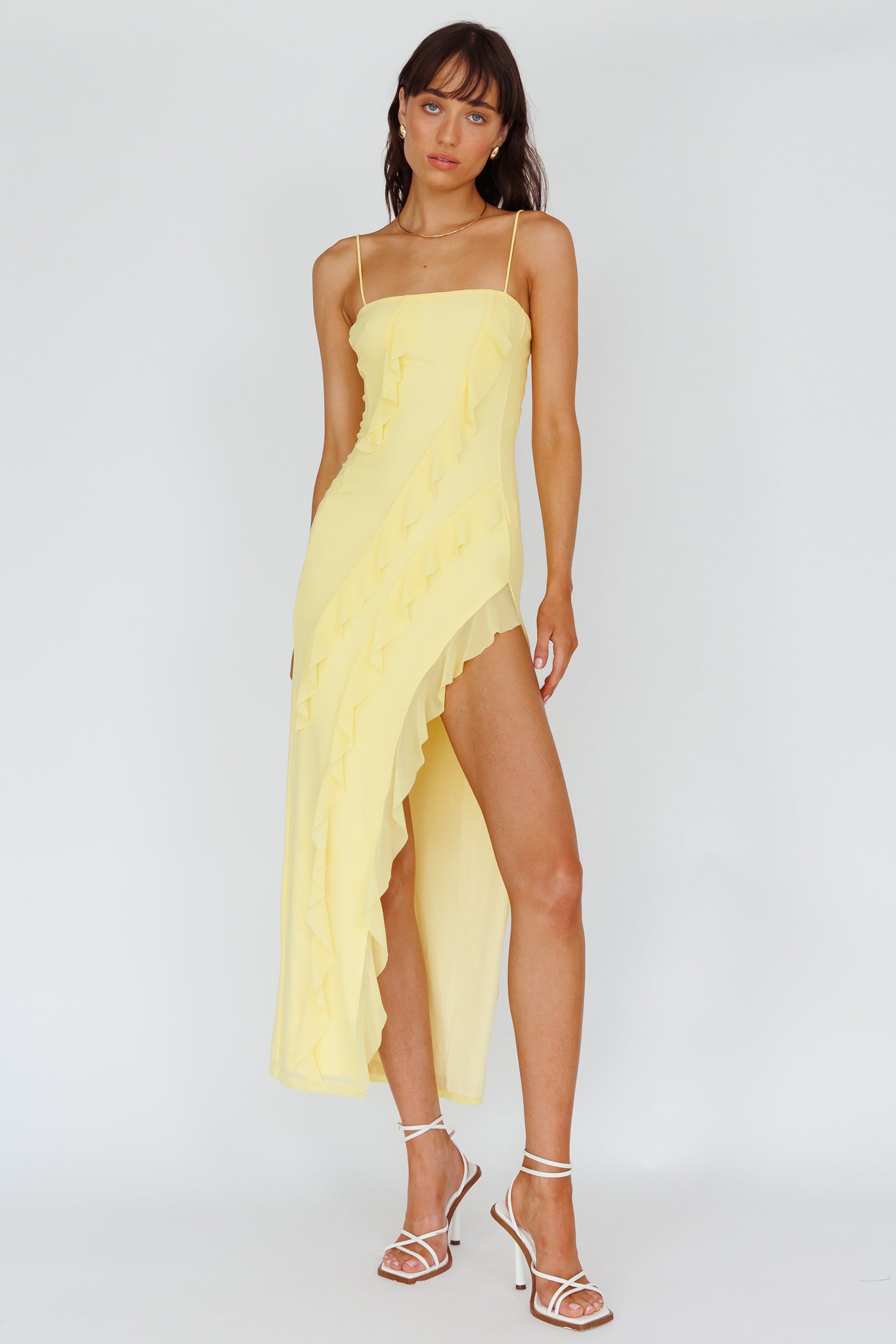 Catriona Split Ruffle Midi Dress Lemon-Maymioy