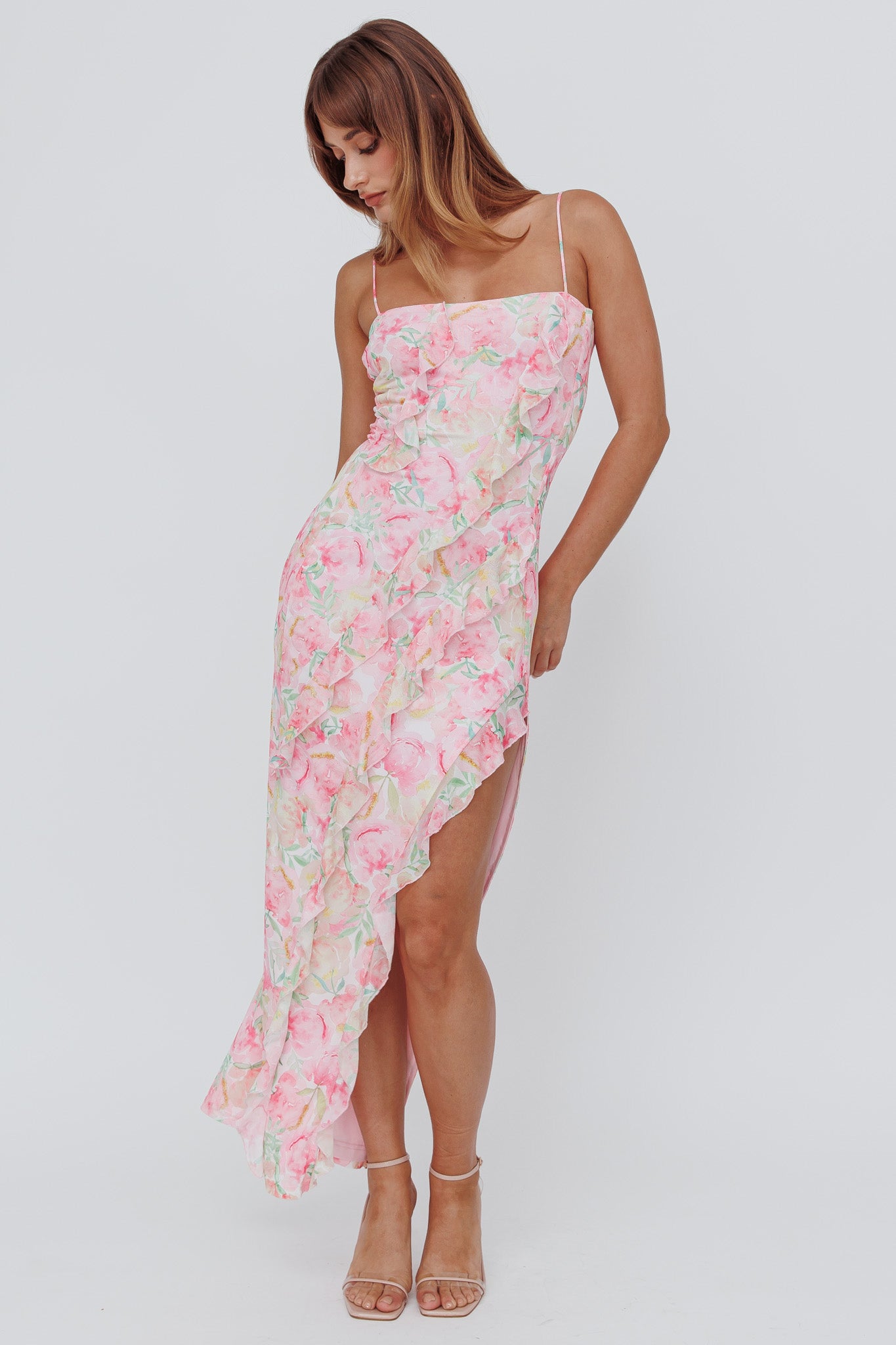Catriona Split Ruffle Midi Dress Floral Yellow-Maymioy