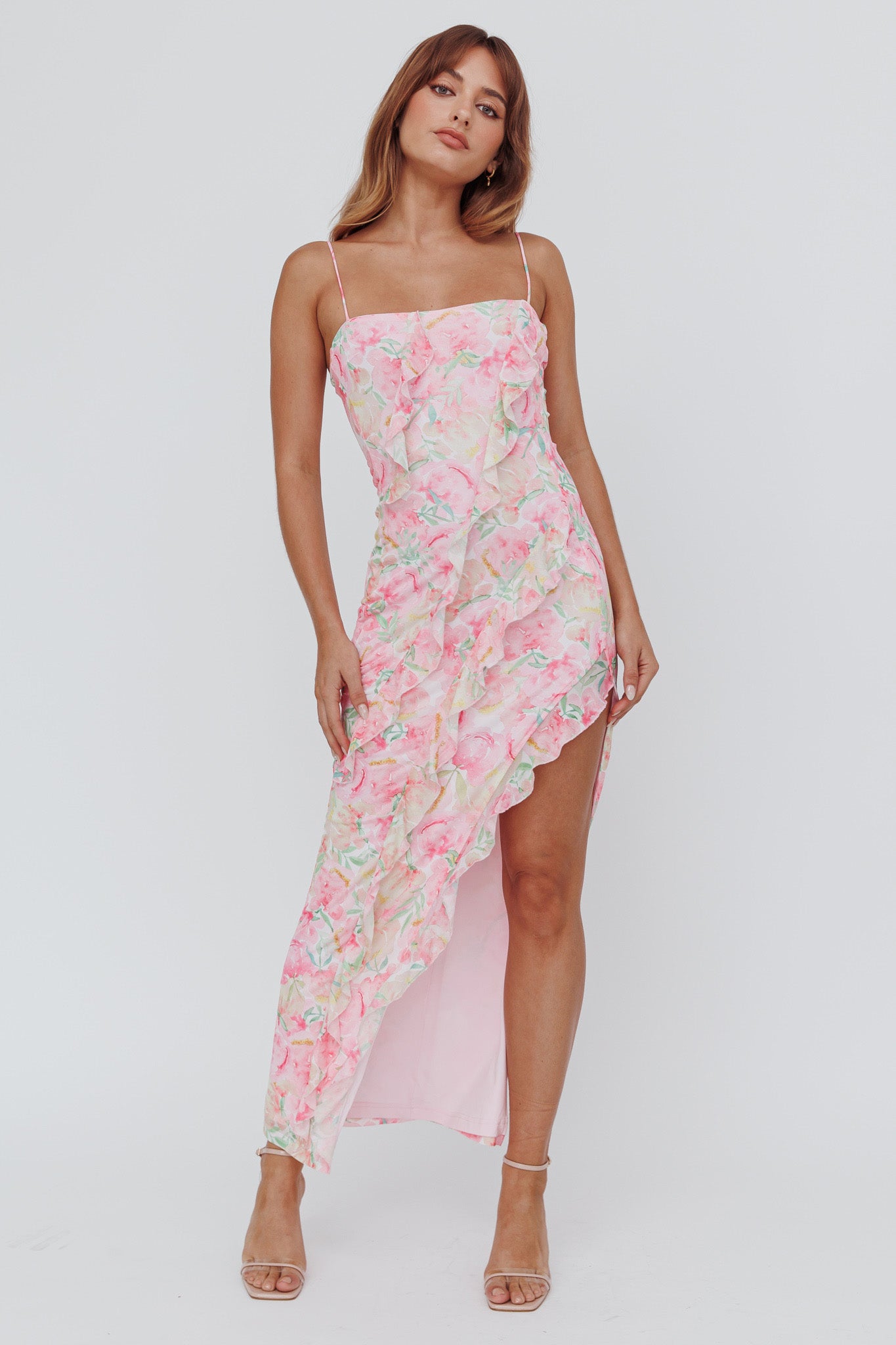 Catriona Split Ruffle Midi Dress Floral Yellow-Maymioy