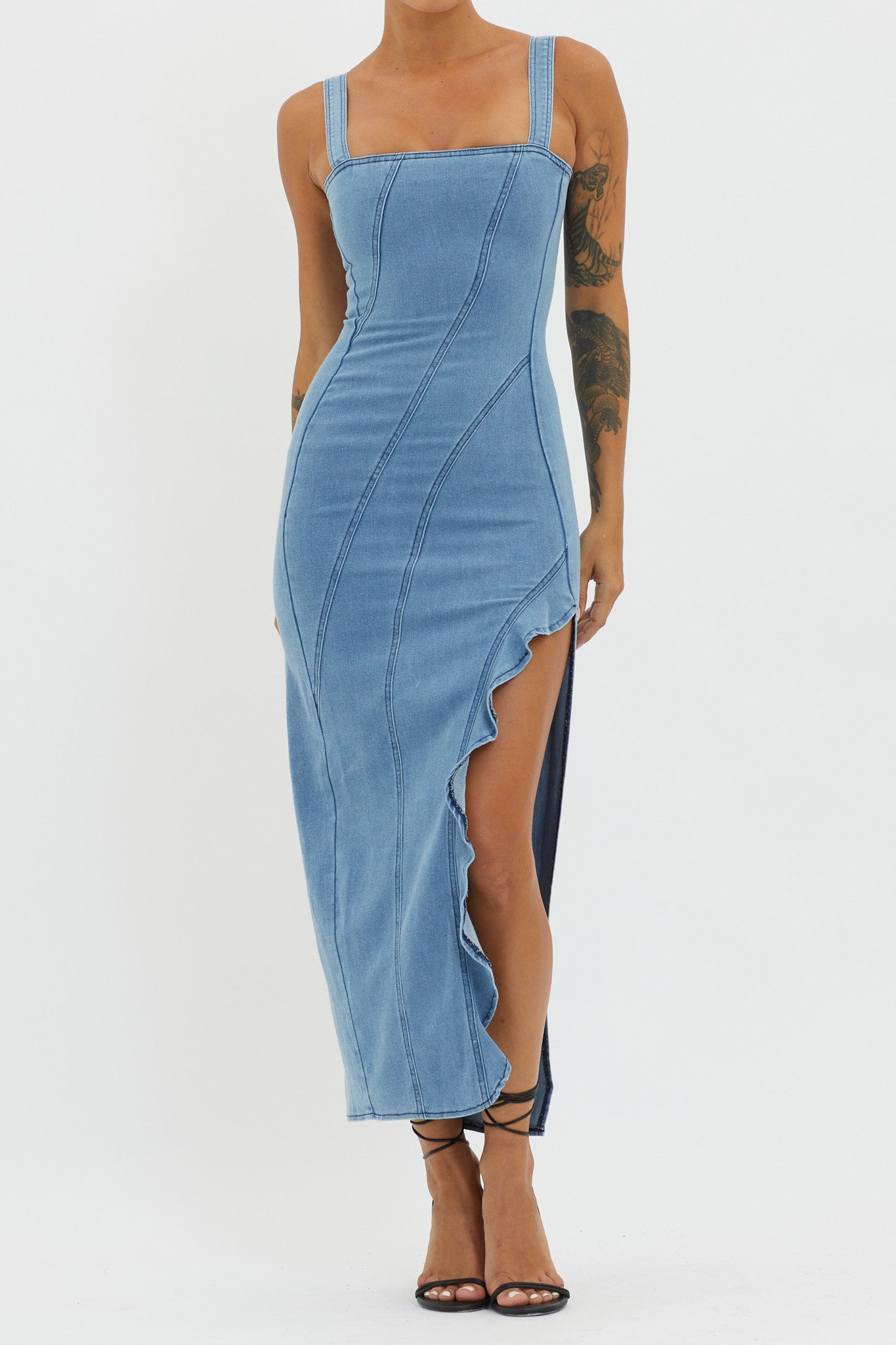 Catriona Ruffle Split Midi Dress Denim-Maymioy