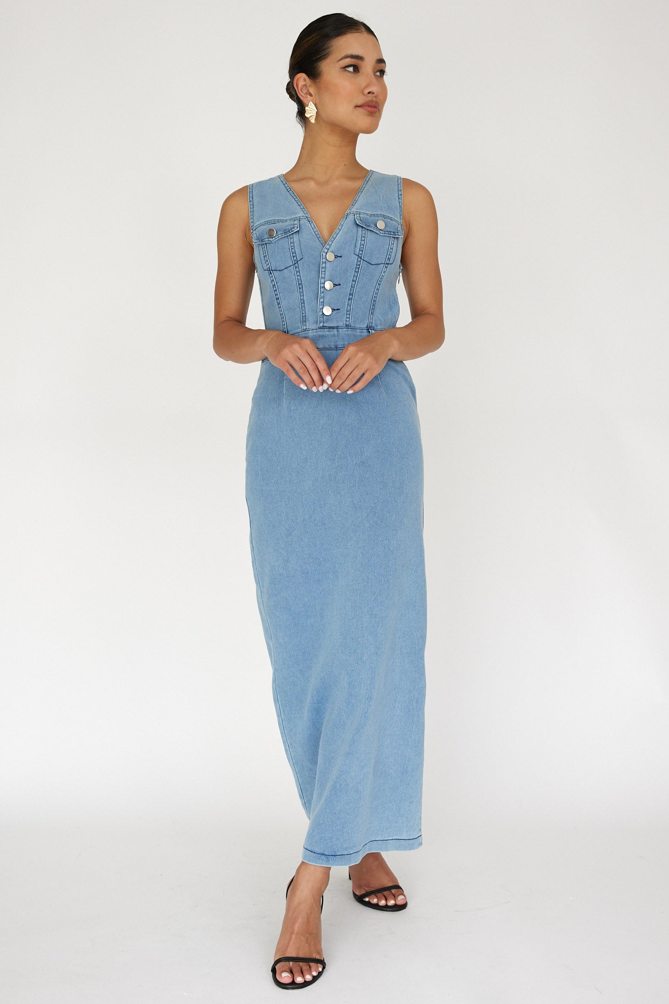Jazelle Sleeveless Button Front Maxi Dress Denim-Maymioy