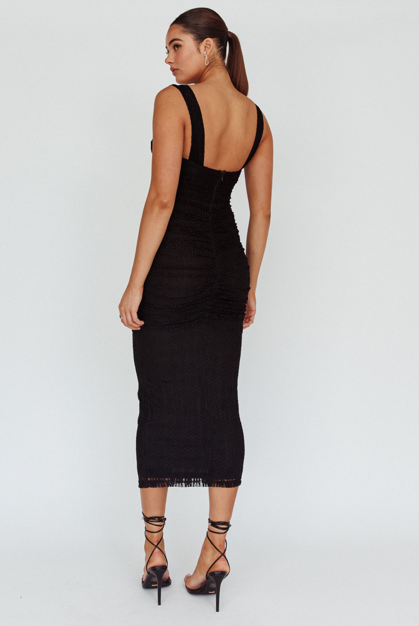 Oliana Embroidered Mesh Midi Dress Black-Maymioy