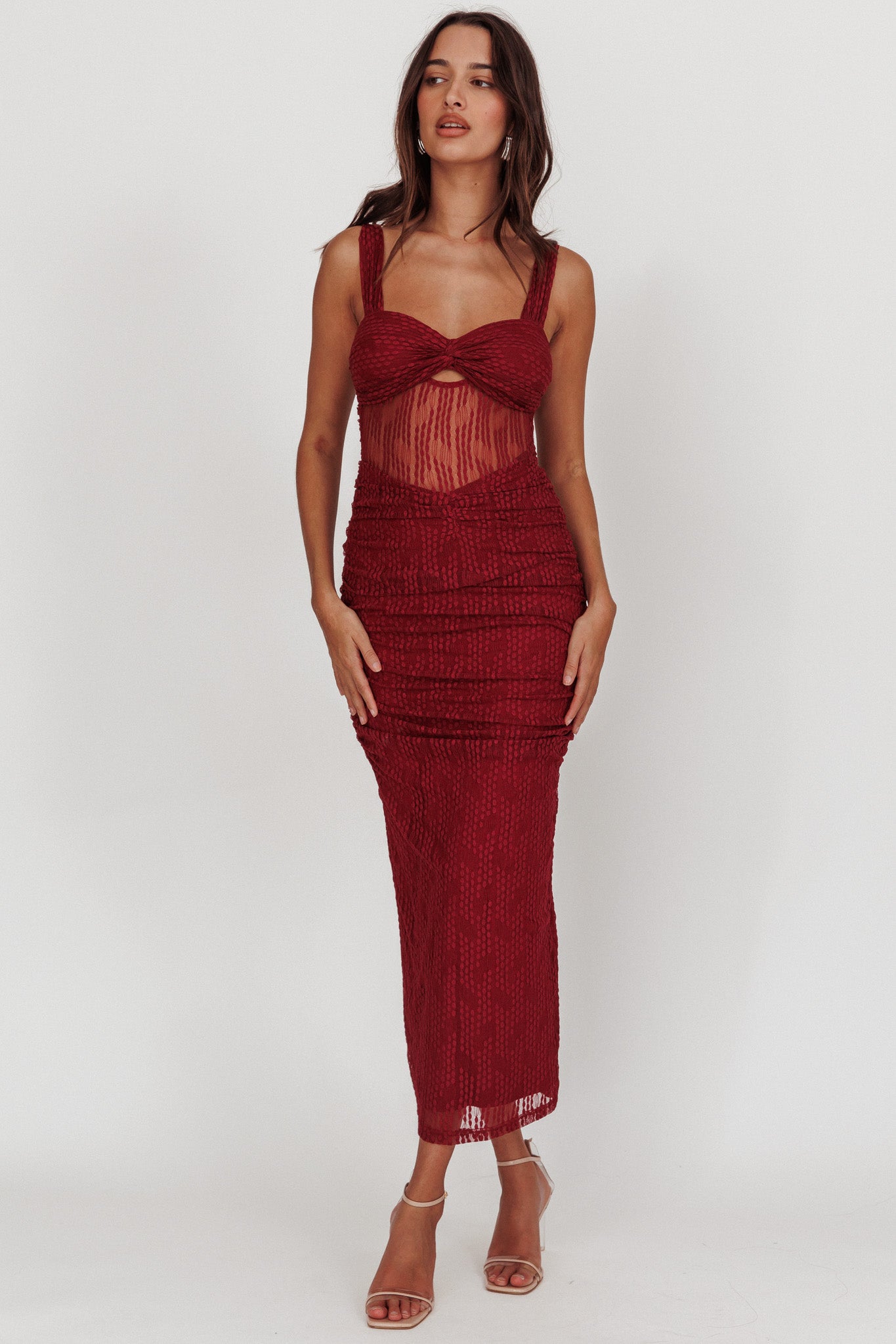 Oliana Lace Midi Dress Burgundy-Maymioy