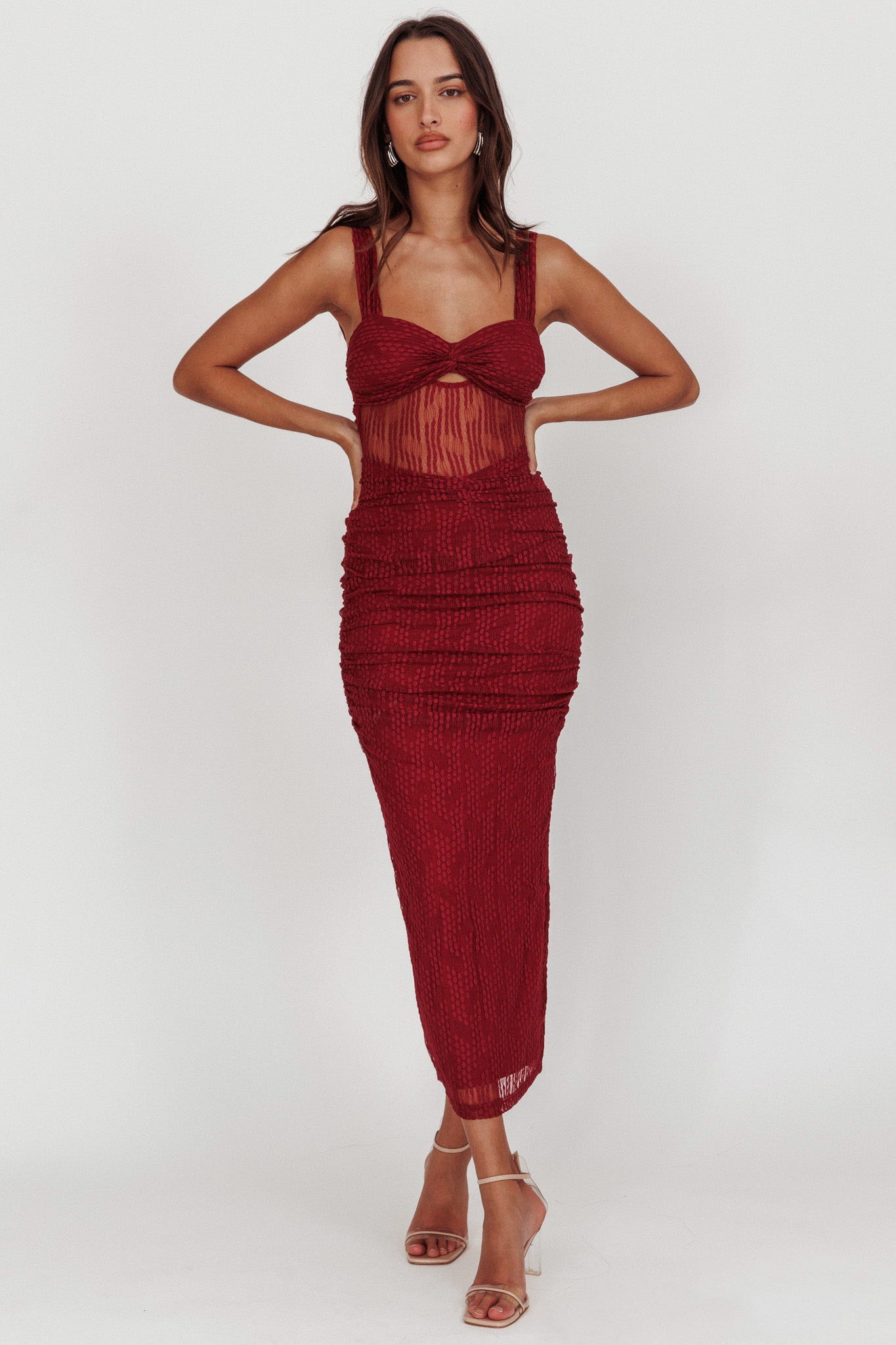 Oliana Lace Midi Dress Burgundy-Maymioy
