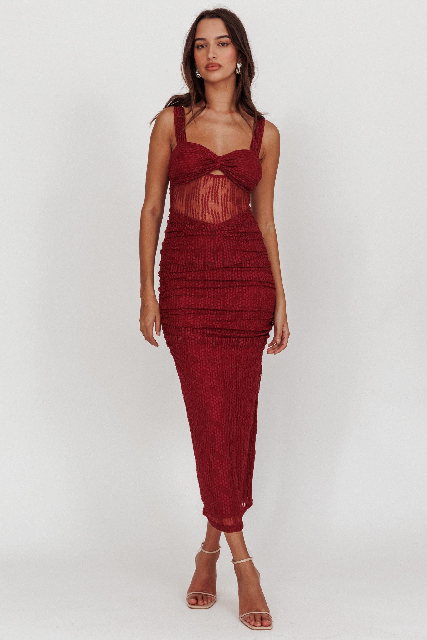 Oliana Lace Midi Dress Burgundy-Maymioy