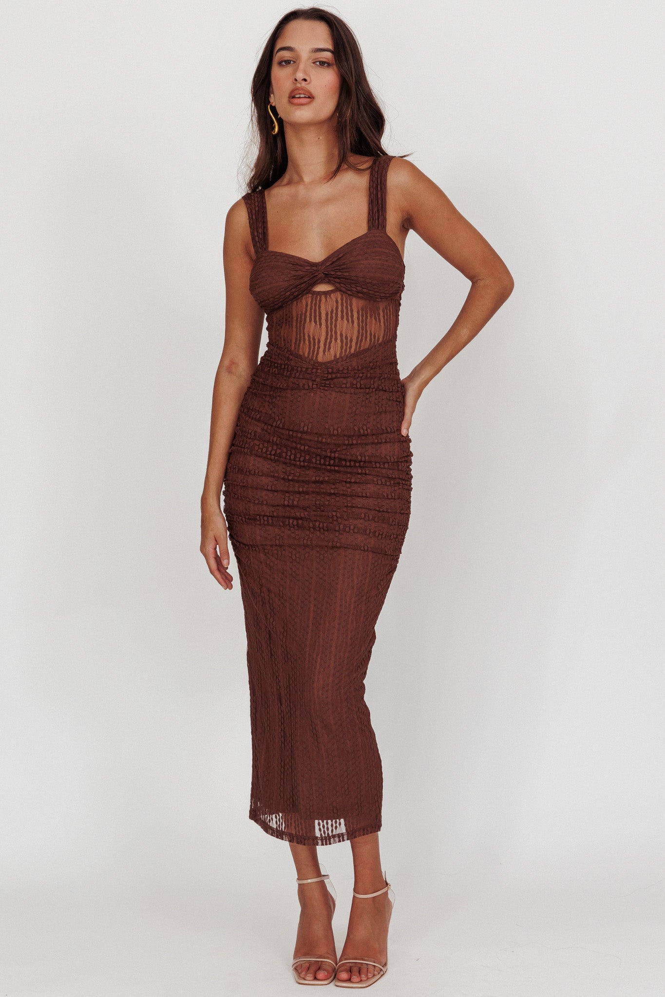 Oliana Embroidered Mesh Midi Dress Chocolate-Maymioy