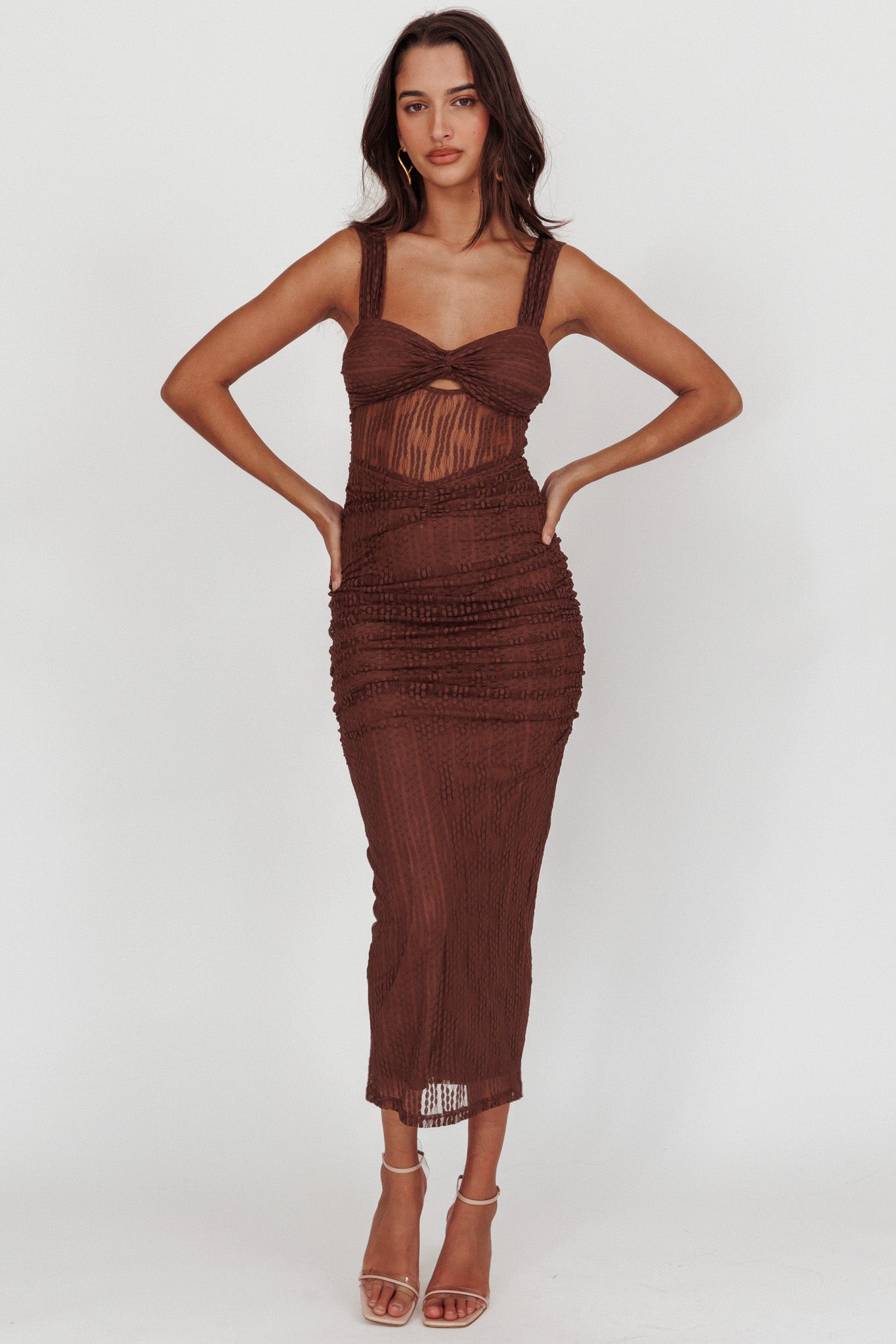 Oliana Embroidered Mesh Midi Dress Chocolate-Maymioy