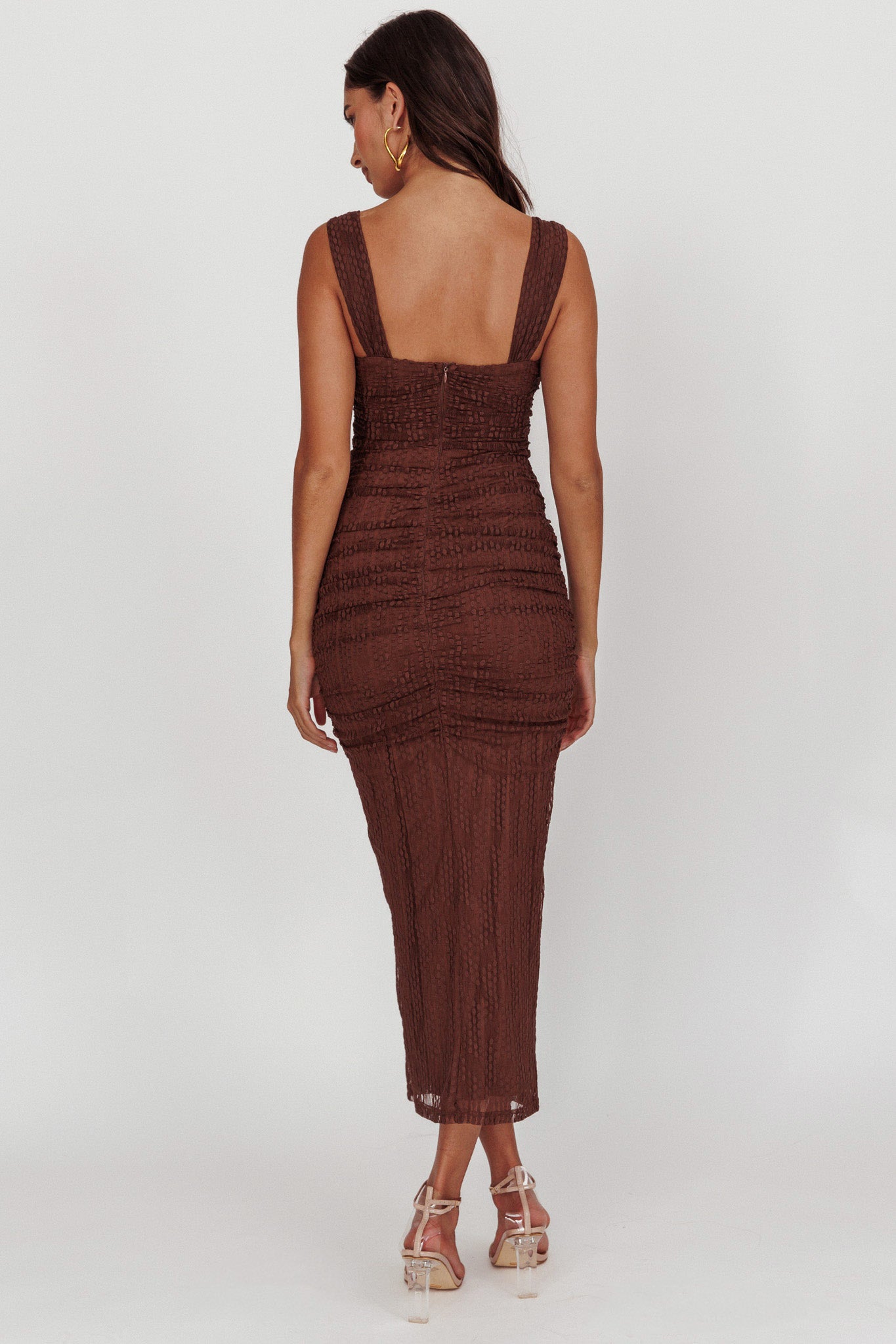 Oliana Embroidered Mesh Midi Dress Chocolate-Maymioy