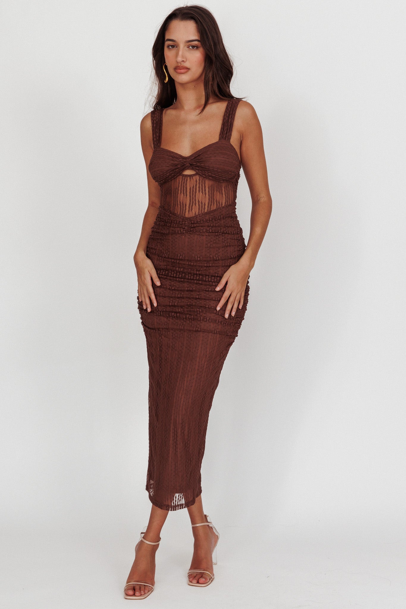 Oliana Embroidered Mesh Midi Dress Chocolate-Maymioy