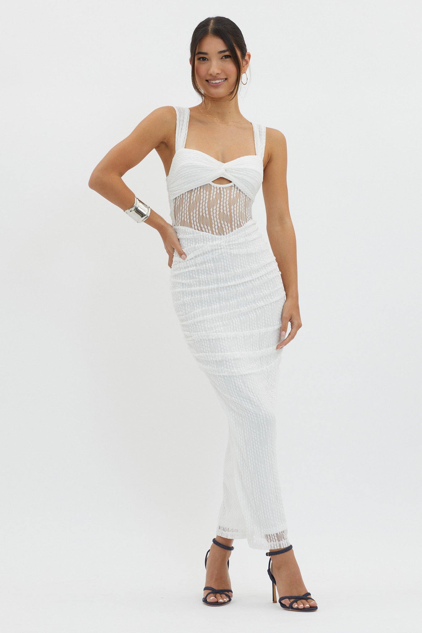 Oliana Embroidered Mesh Midi Dress White-Maymioy