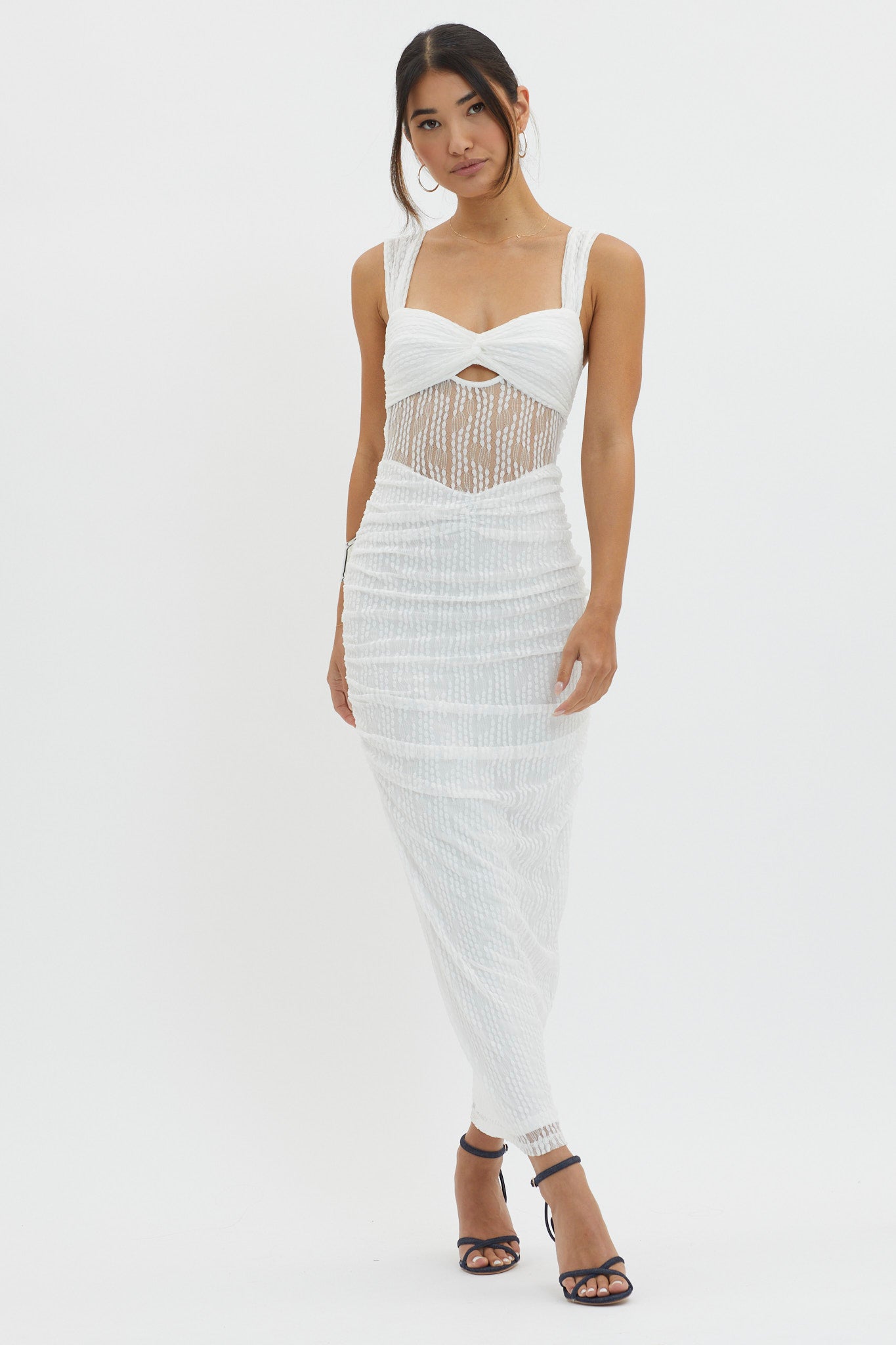 Oliana Embroidered Mesh Midi Dress White-Maymioy