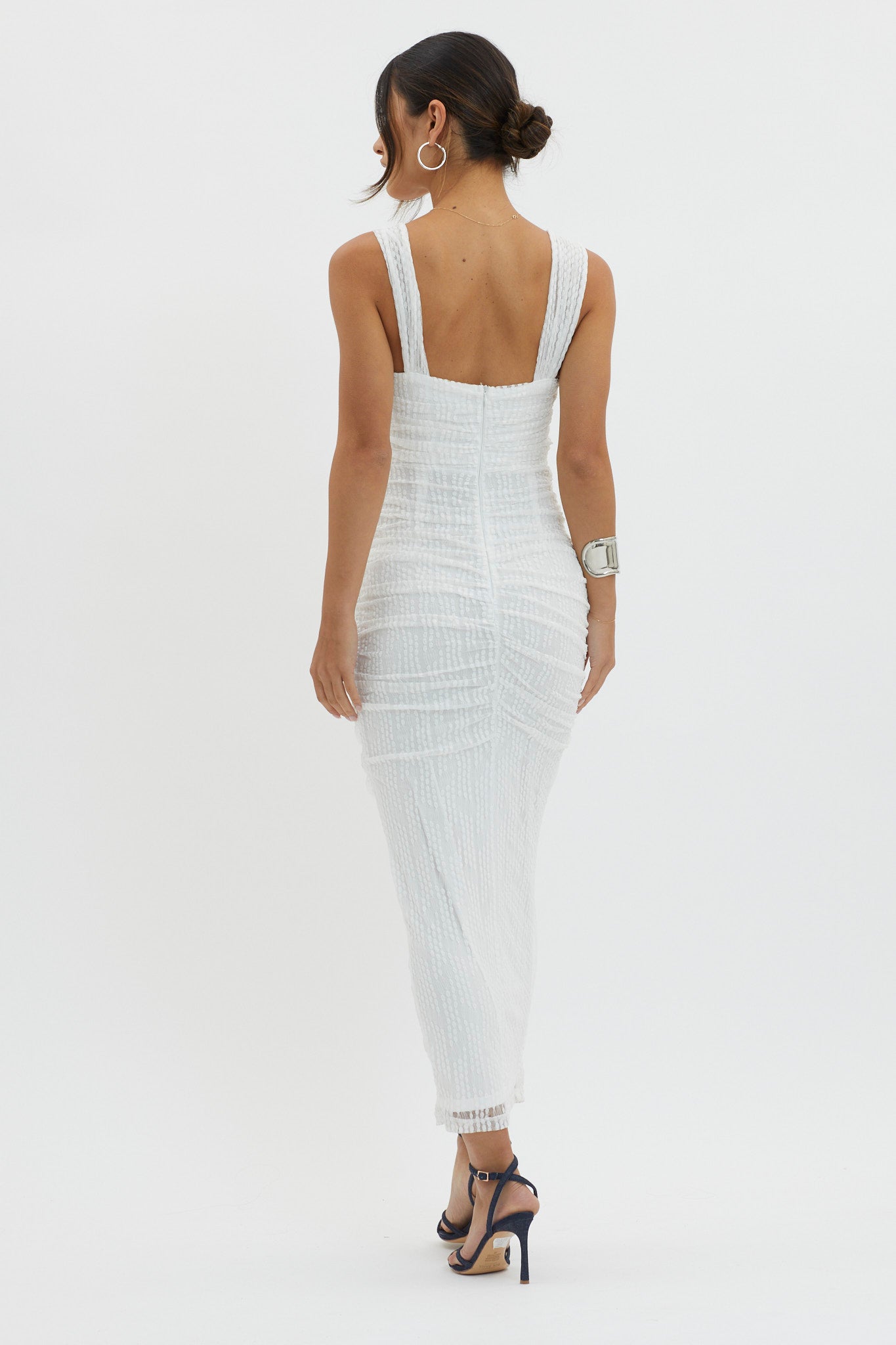 Oliana Embroidered Mesh Midi Dress White-Maymioy
