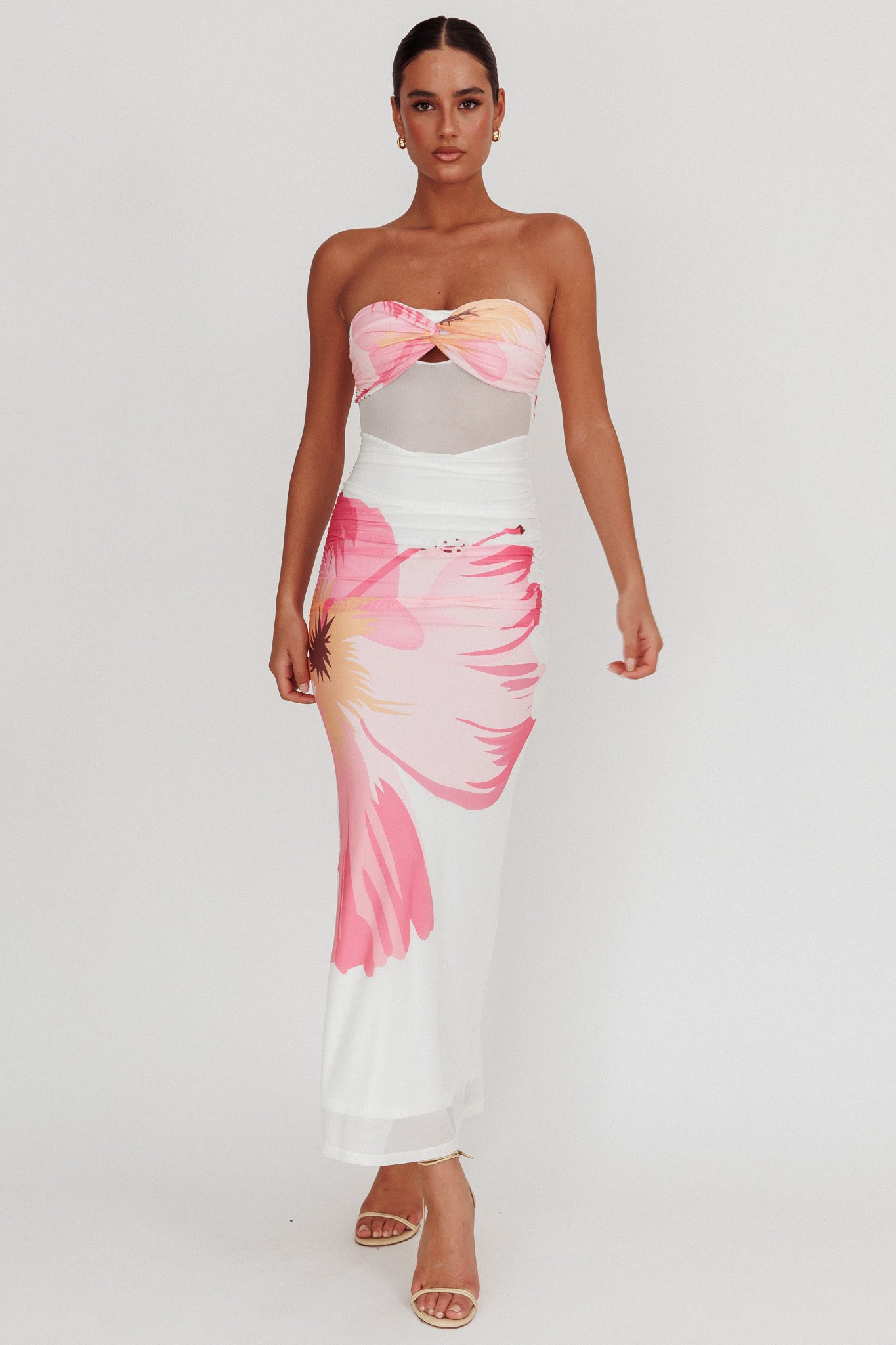 Oliana Sheer Waist Floral Maxi Dress White-Maymioy