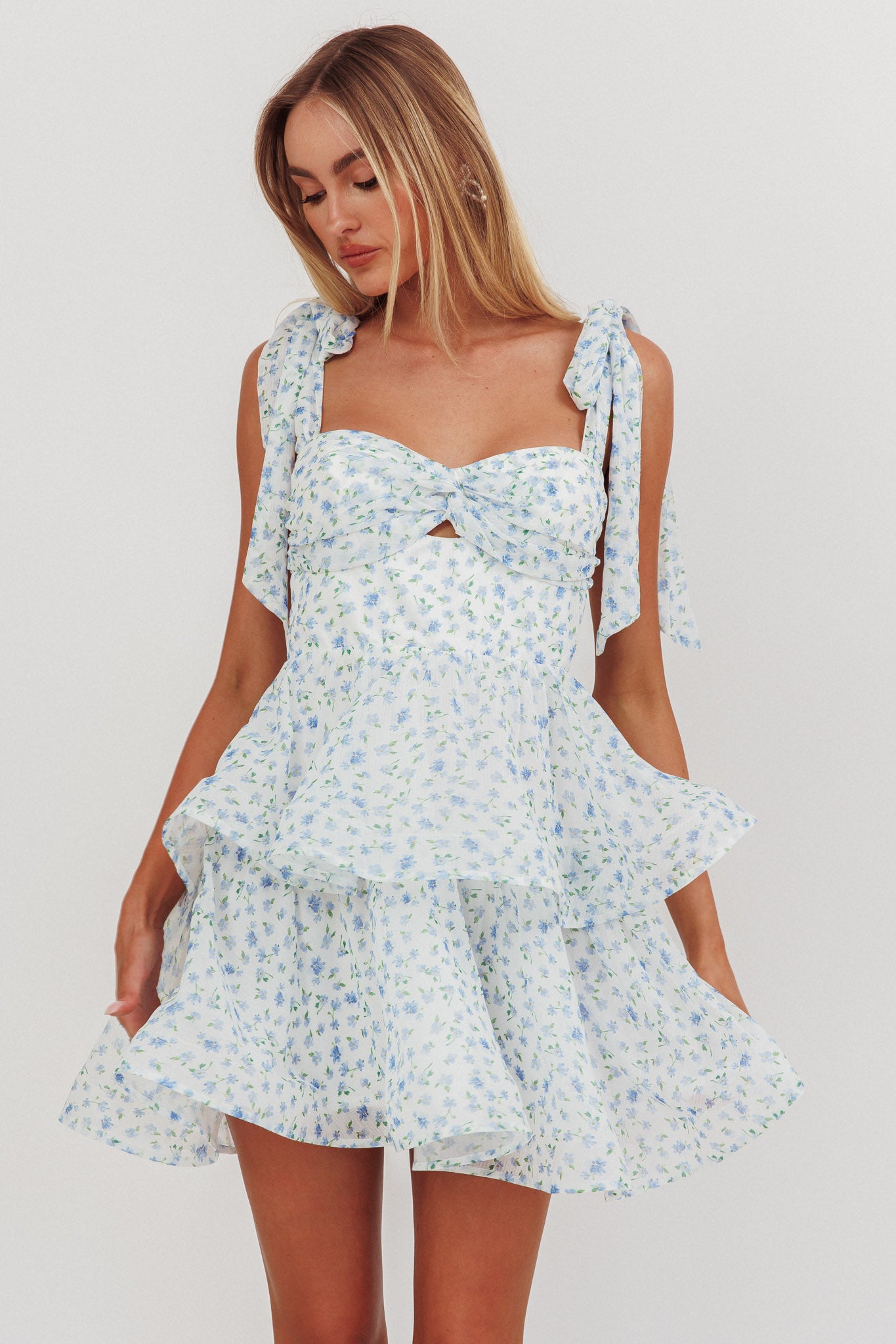 Oliana Tied Shoulder Tiered Mini Dress Floral Blue-Maymioy