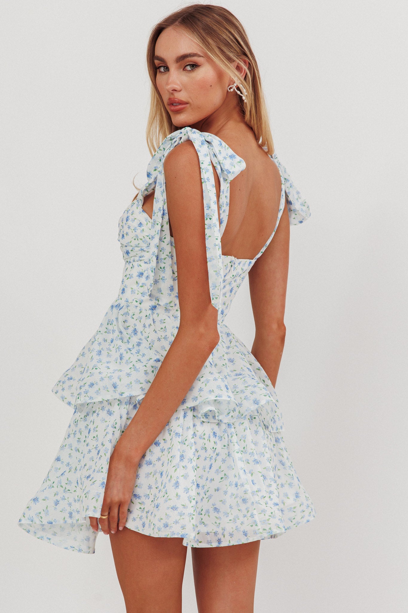 Oliana Tied Shoulder Tiered Mini Dress Floral Blue-Maymioy
