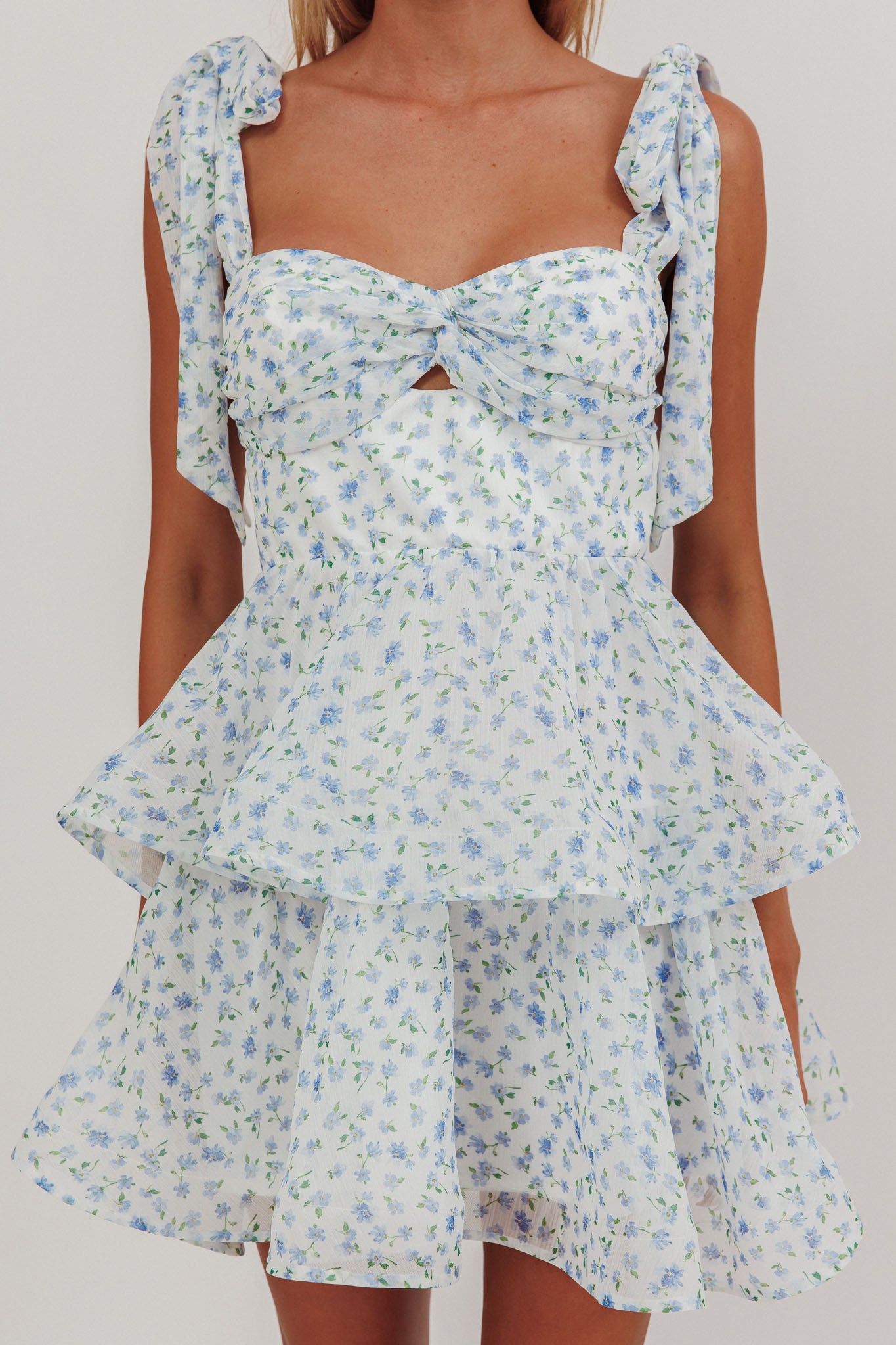 Oliana Tied Shoulder Tiered Mini Dress Floral Blue-Maymioy