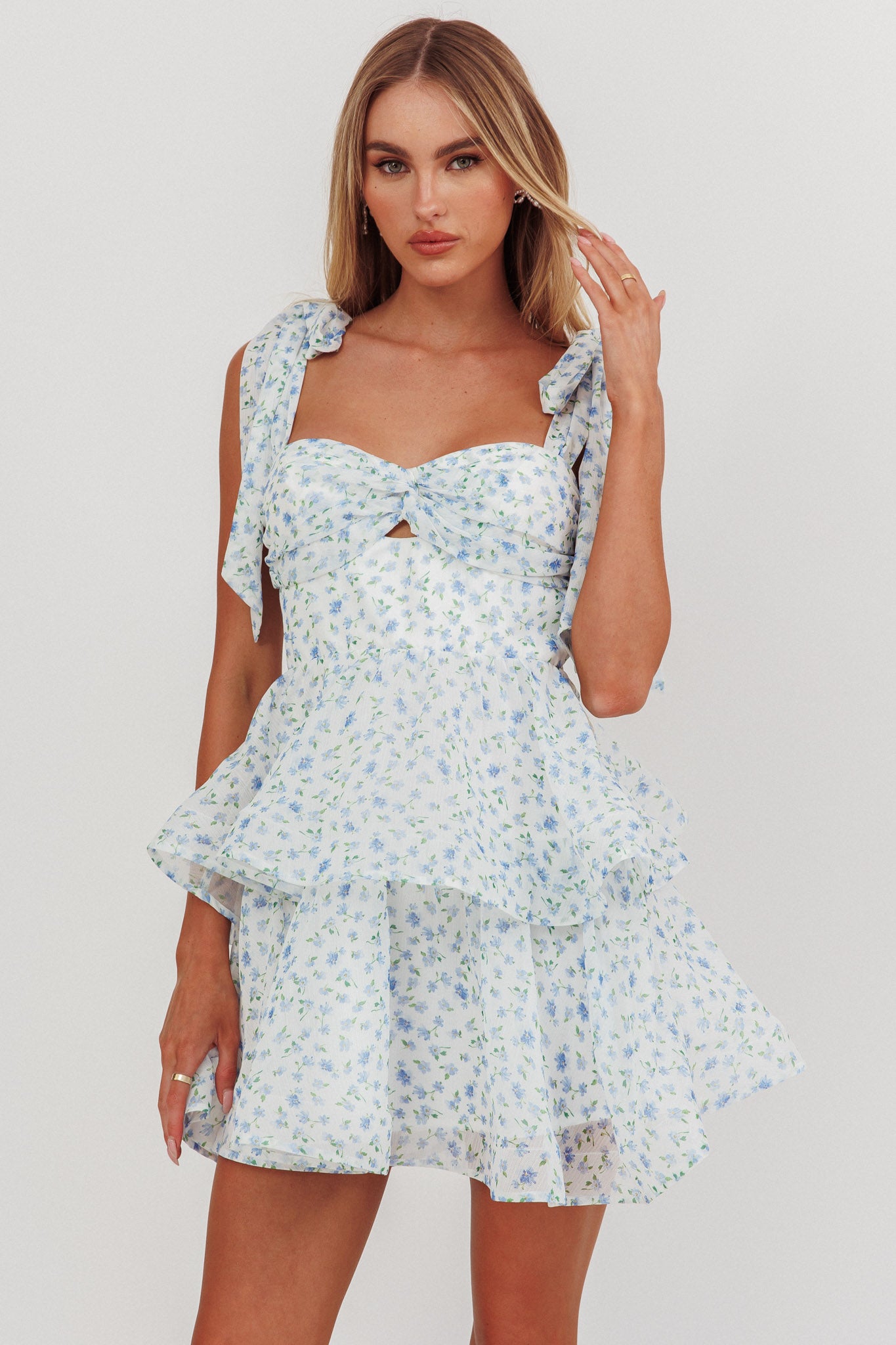 Oliana Tied Shoulder Tiered Mini Dress Floral Blue-Maymioy